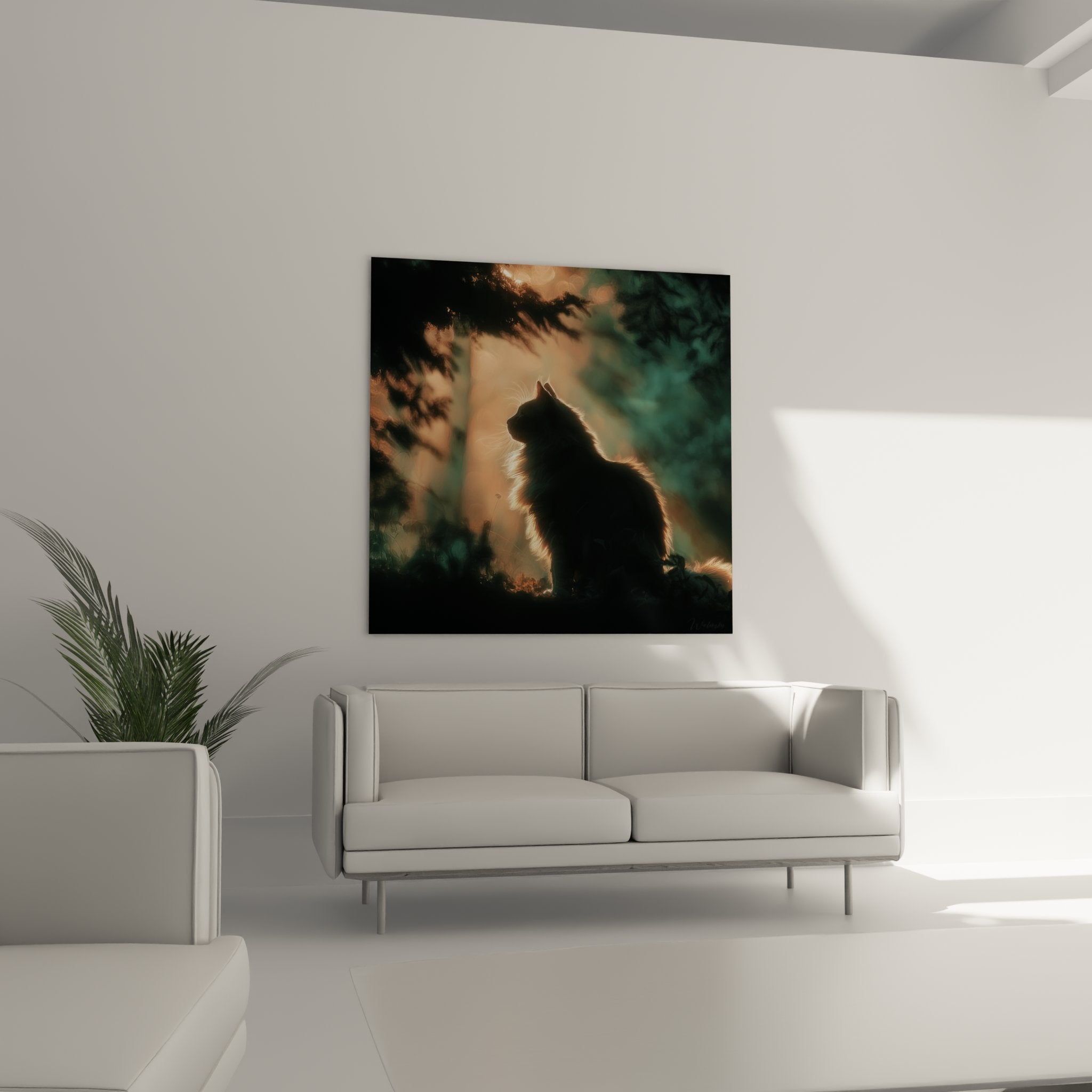 Détail tableau chat sibérien profil silhouette dorée texture pelage long lumière naturelle art photographique