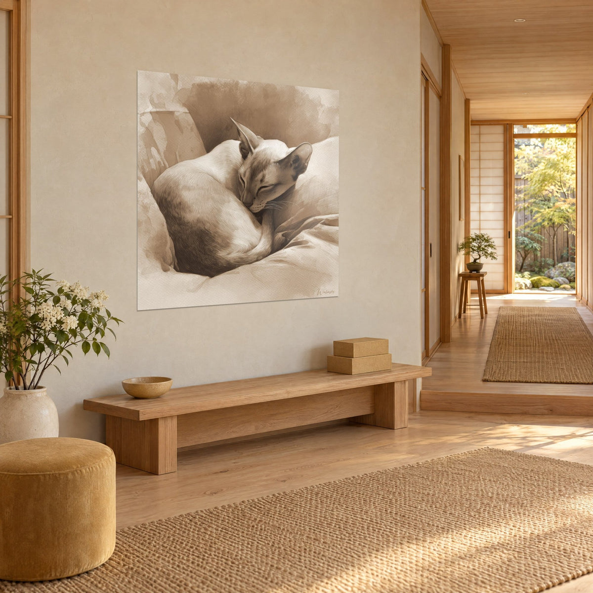 Tableau félin endormi sur coussins froissés, pelage sable et chocolat finement hachuré, dans un couloir japandi en bois clair