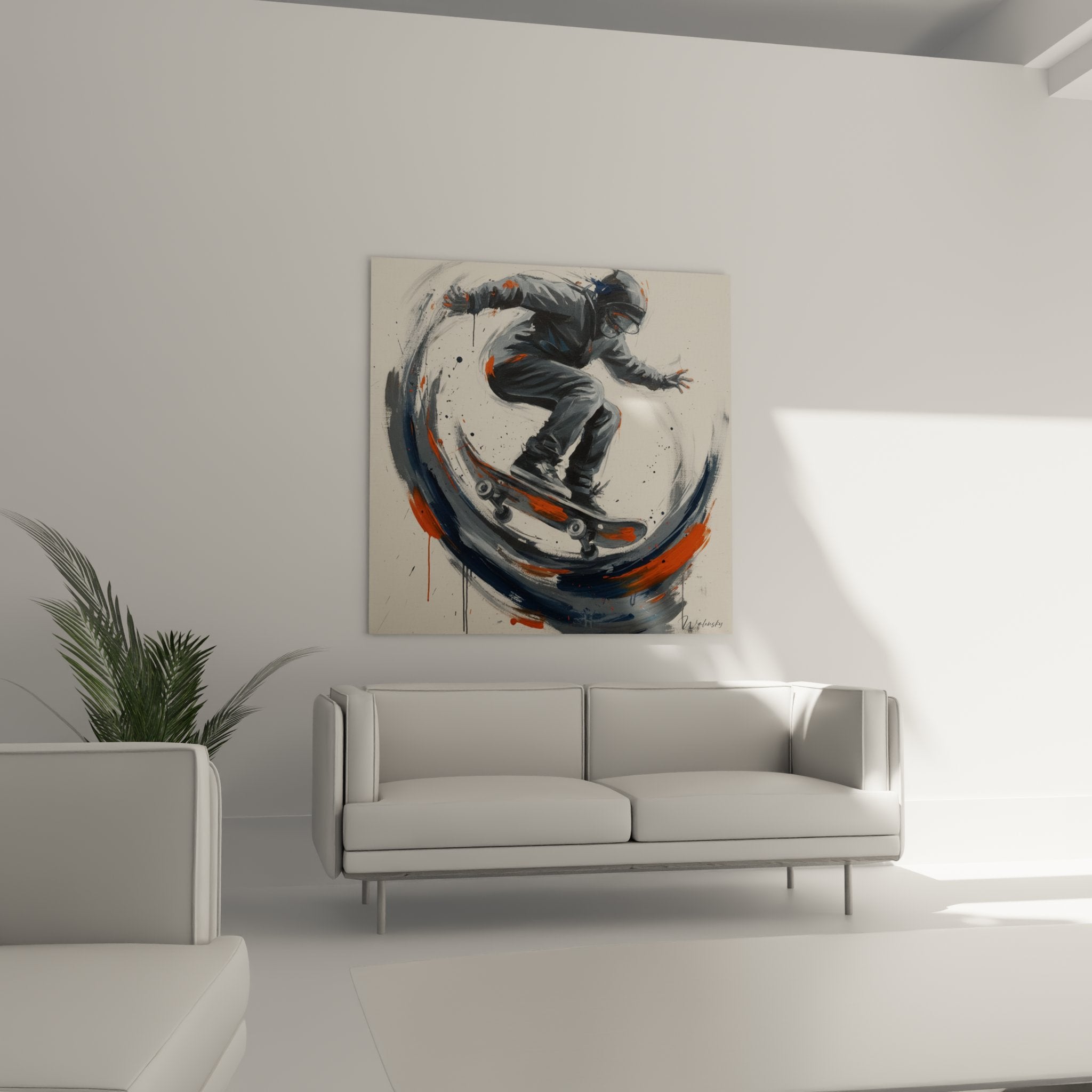 Détail rapproché tableau skateur, brushstrokes orange et gris, technique peinture street art mouvement dynamique