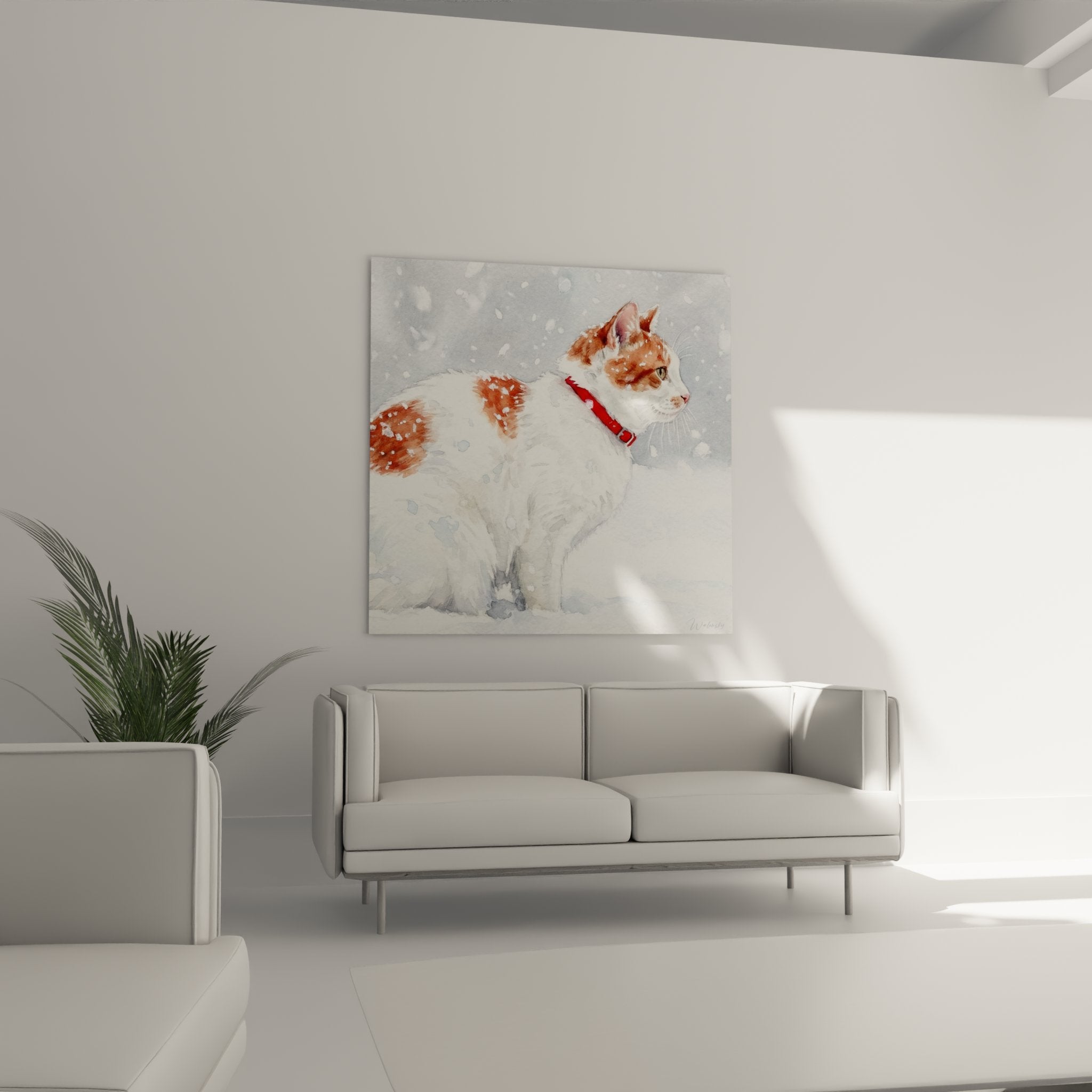 Détail aquarelle pelage Japanese Bobtail sous la neige - peinture féline artistique haute qualité