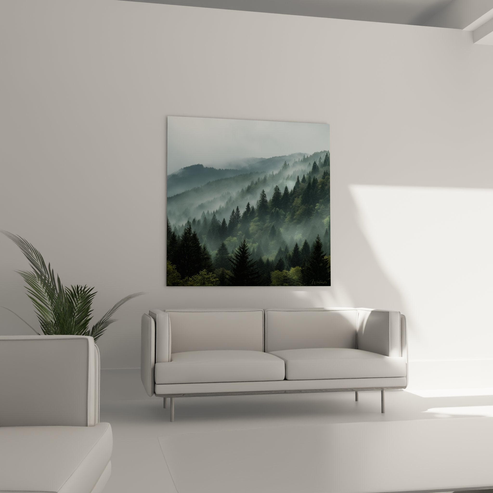 Détail tableau paysage vosgien, texture brume et sapins, qualité impression art mural haute définition