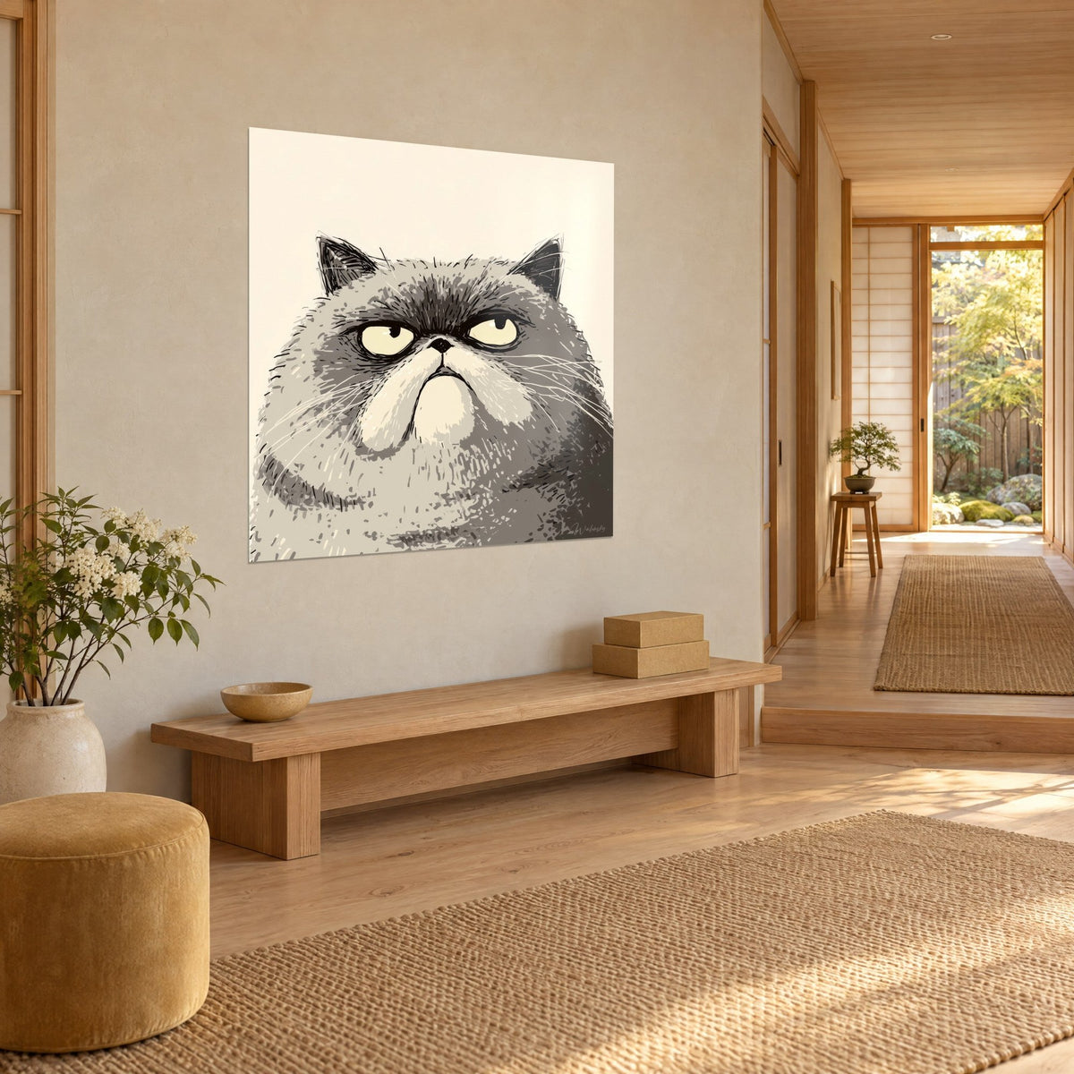 Gemälde Mürrische Exotic Shorthair mit blassgelben Augen, plattgedrücktem Gesicht und weißen Schnurrhaaren, dreiviertel Ansicht, Japandi-Flur