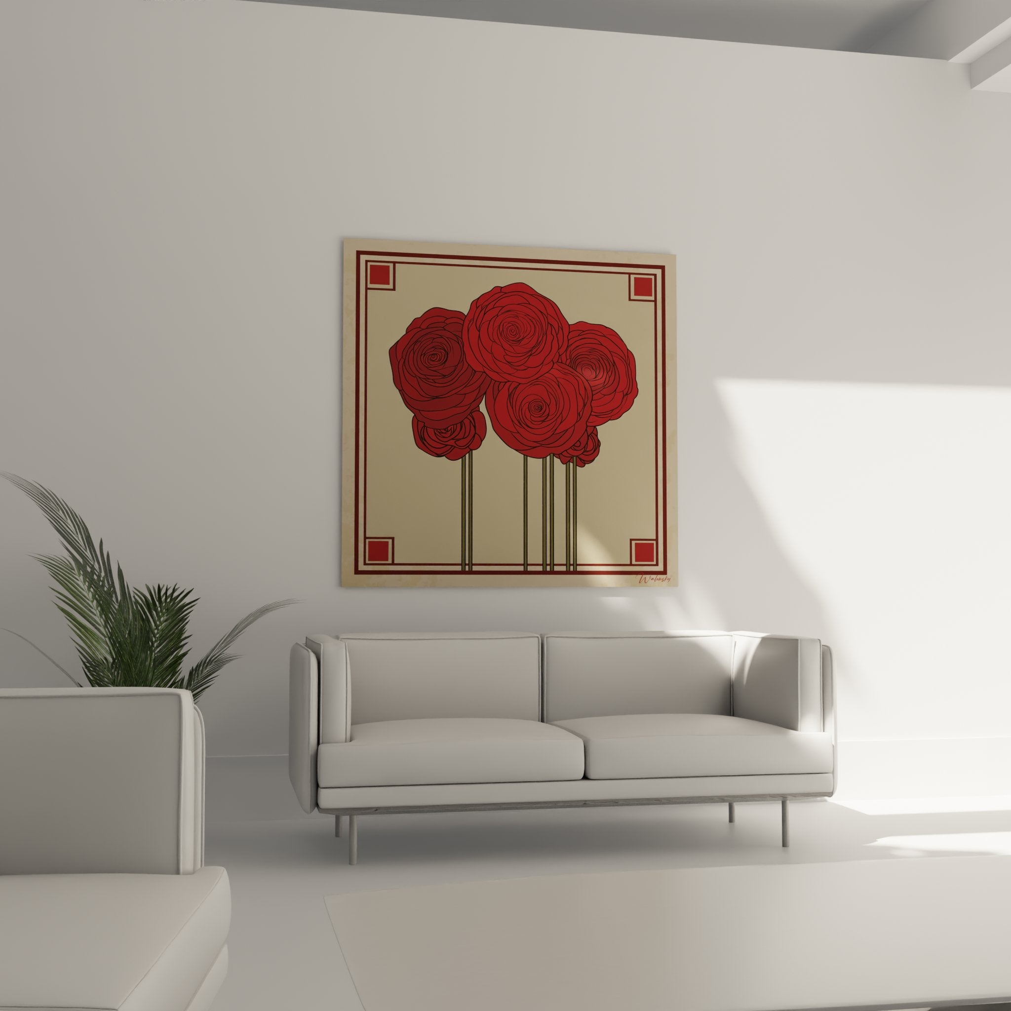 Detail of stylized red roses art deco geometric outlines and ornamental patterns