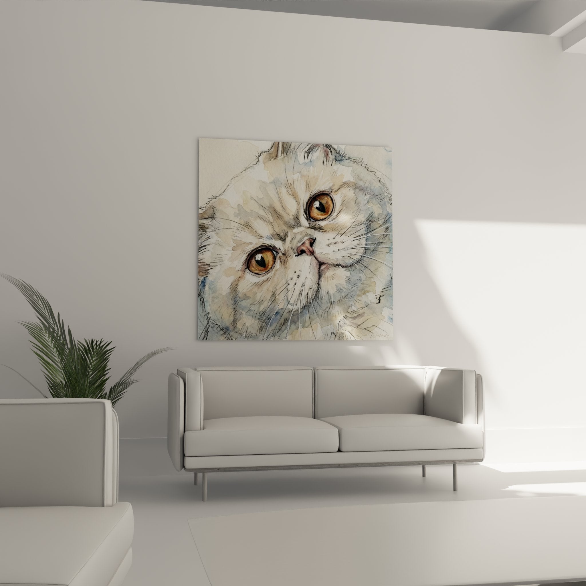 Nahaufnahme-Aquarelldetail einer Exotic-Shorthair-Katze, ausdrucksstarke Augen und seidig weiches Fell fein gemalt