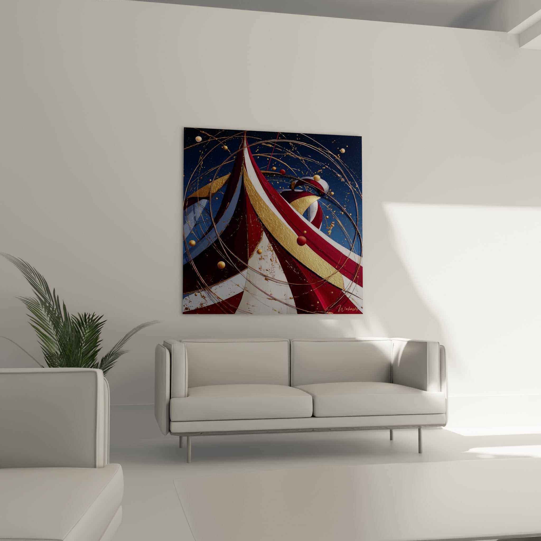 Détail rapproché tableau abstrait montrant textures dorées, sphères cosmiques et courbes fluides sur fond bleu étoilé