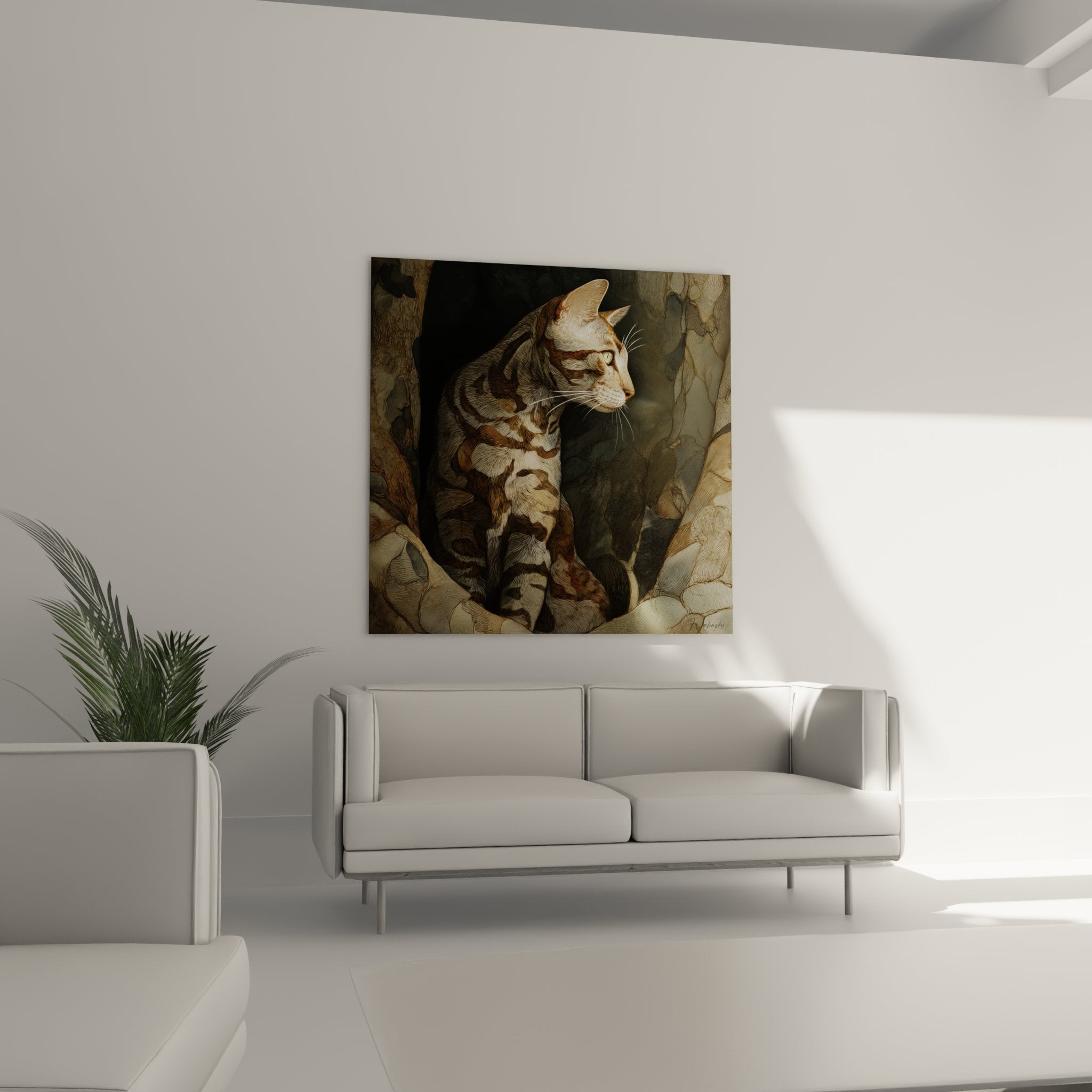 Dettaglio del quadro che mostra le righe caratteristiche e l'espressione serena del gatto Sokoke