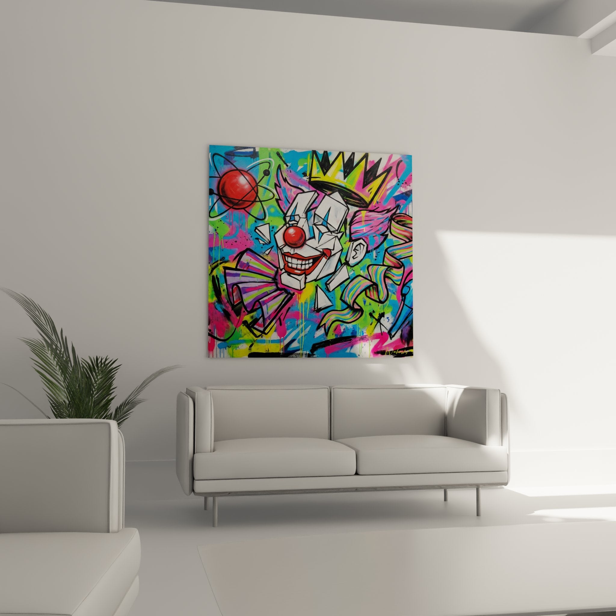 Gros plan sur le visage du clown graffiti montrant les détails du sourire rouge et du nez écarlate