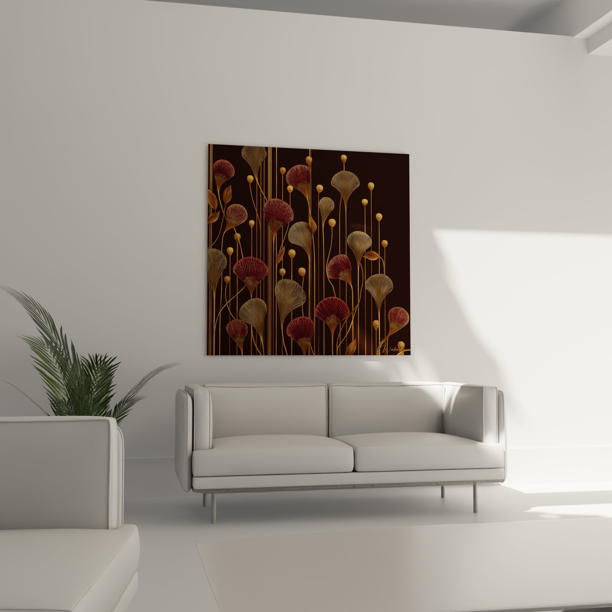 Art deco floral pattern detail, stylized golden flowers with delicate streaks and decorative spheres