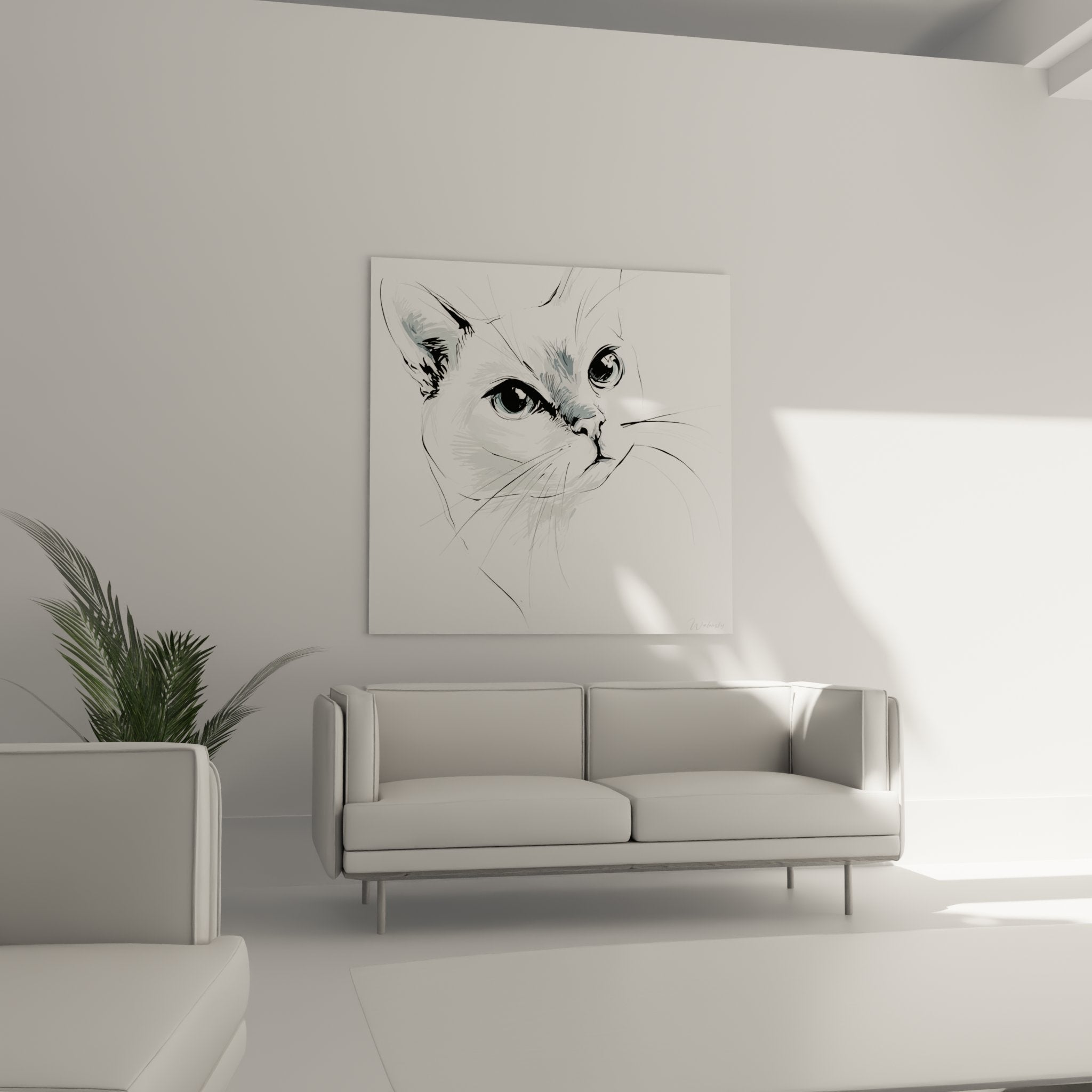 Burmilla cat portrait detail minimalist drawing expressive eyes and delicate strokes contemporary wall artwork