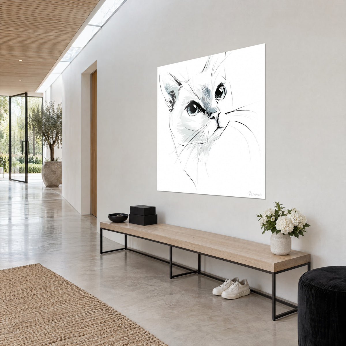 Πίνακας μινιμαλιστική γάτα Burmilla, λεπτές μαύρες γραμμές, μακριά μουστάκια και γκρι-μπλε μουσούδα σε λευκό, κρεμασμένος σε φωτεινό διάδρομο