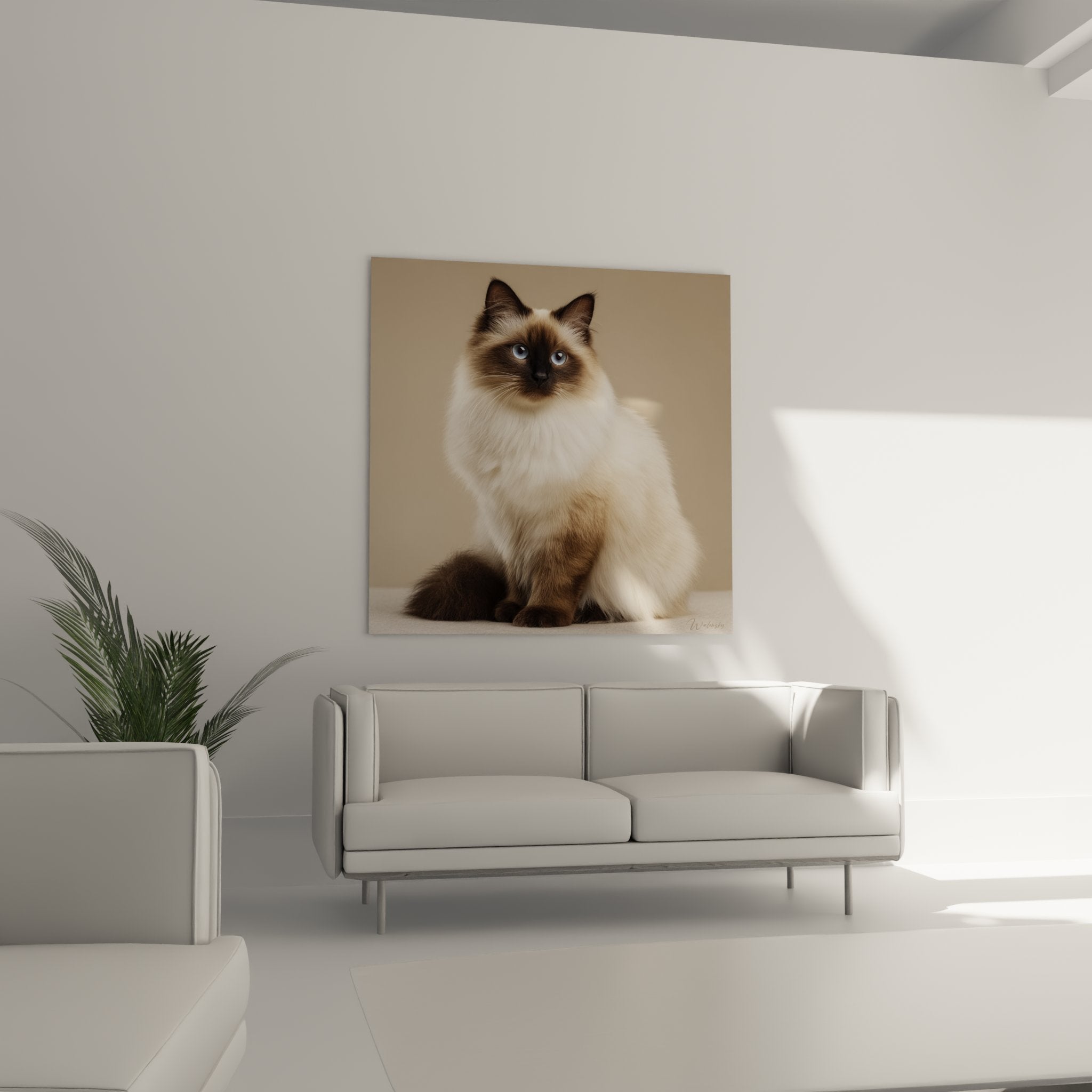 Close-up Birman cat artwork silk coat texture and crystalline blue eyes premium wall art detail