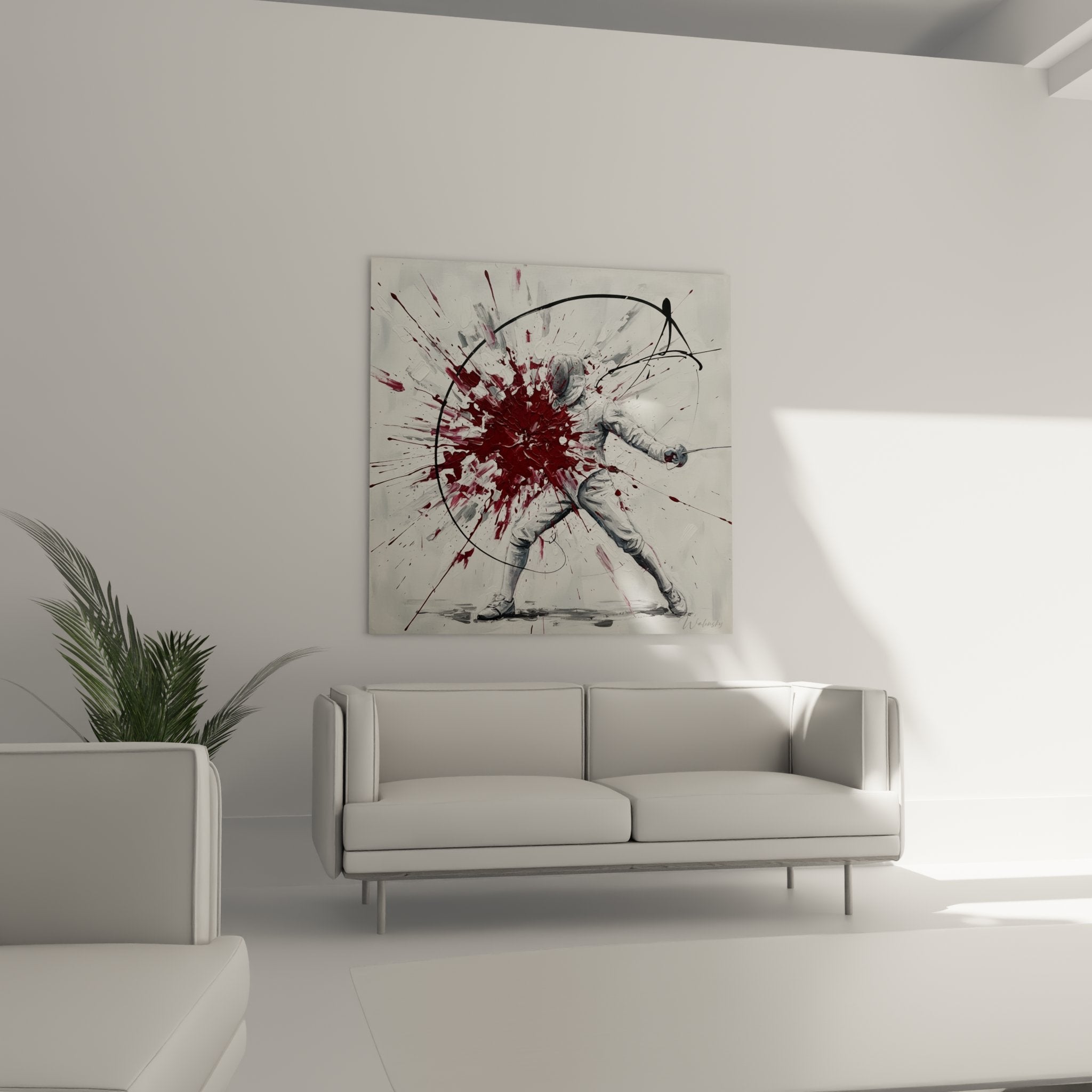 Detail tableau escrime explosion rouge peinture abstraite mouvement dynamique