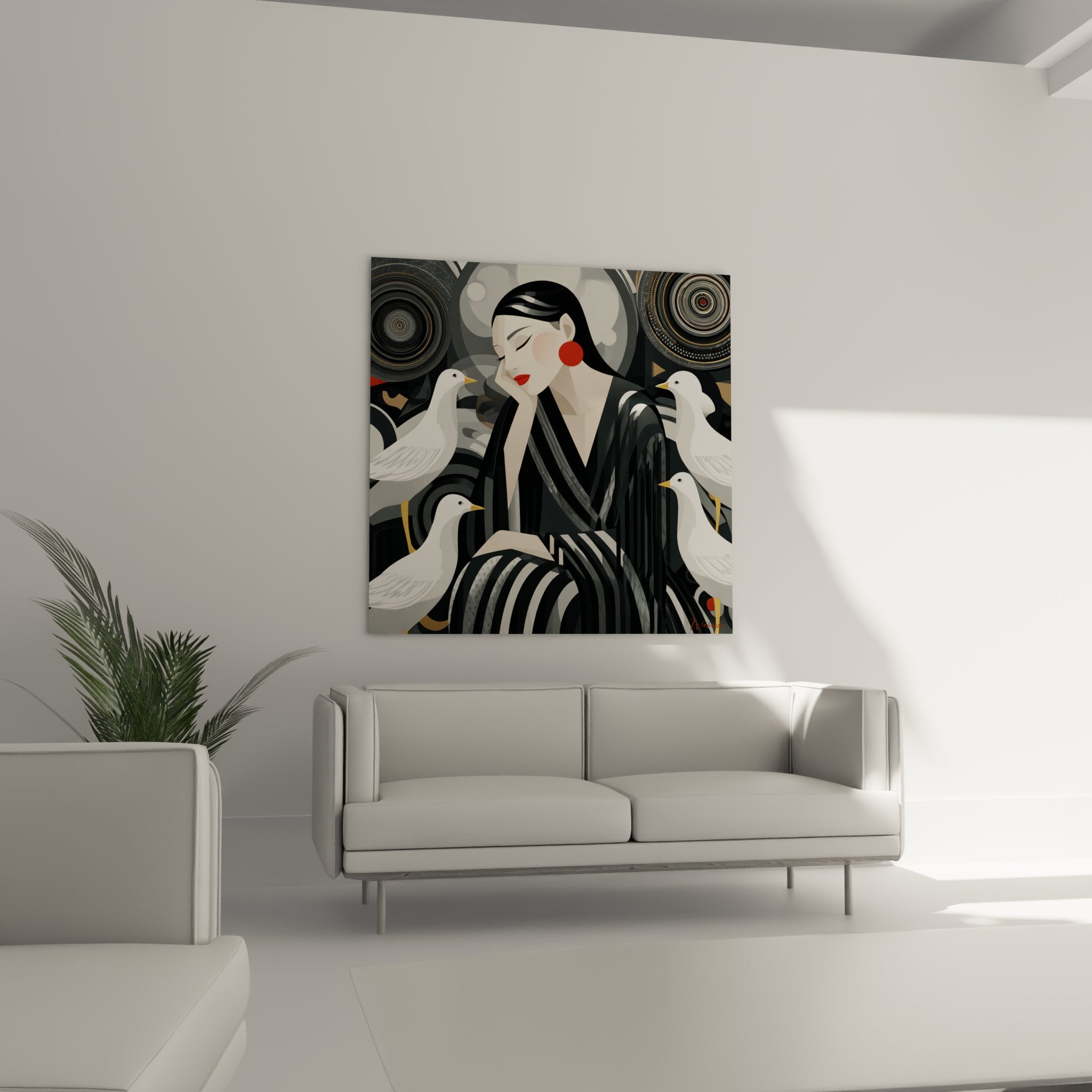 Detail art deco wall art stylized female face with red earring and white dove