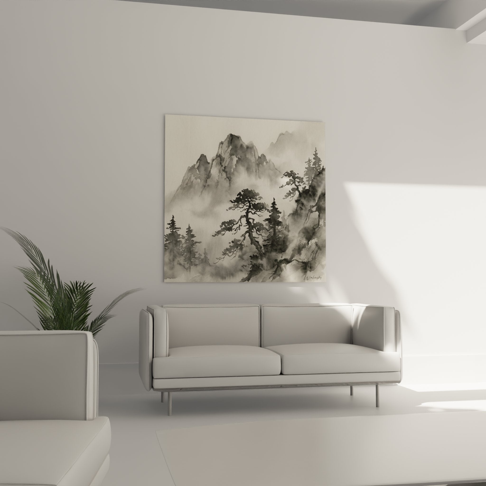 Dettaglio quadro montagna acquerello, tecnica inchiostro pini alpini nella nebbia, arte murale alta qualità