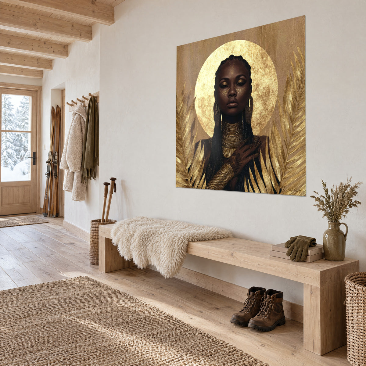 Gemälde Porträt einer schwarzen Frau mit Zöpfen und goldenen Ohrringen, sandfarbener Hintergrund und goldene Sonne, dreiviertel Ansicht in einem Chalet