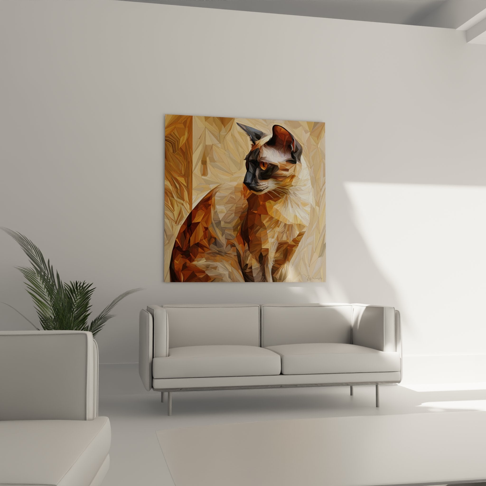 Dettaglio ravvicinato del quadro gatto poligonale che mostra le sfaccettature geometriche e i colori caldi