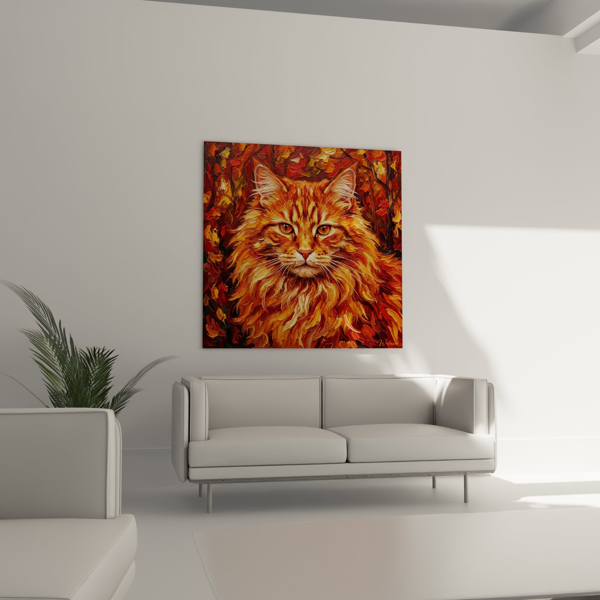Dettaglio dipinto gatto rosso occhi ambra texture impasto Norwegian Forest Cat arte animalistica qualità premium