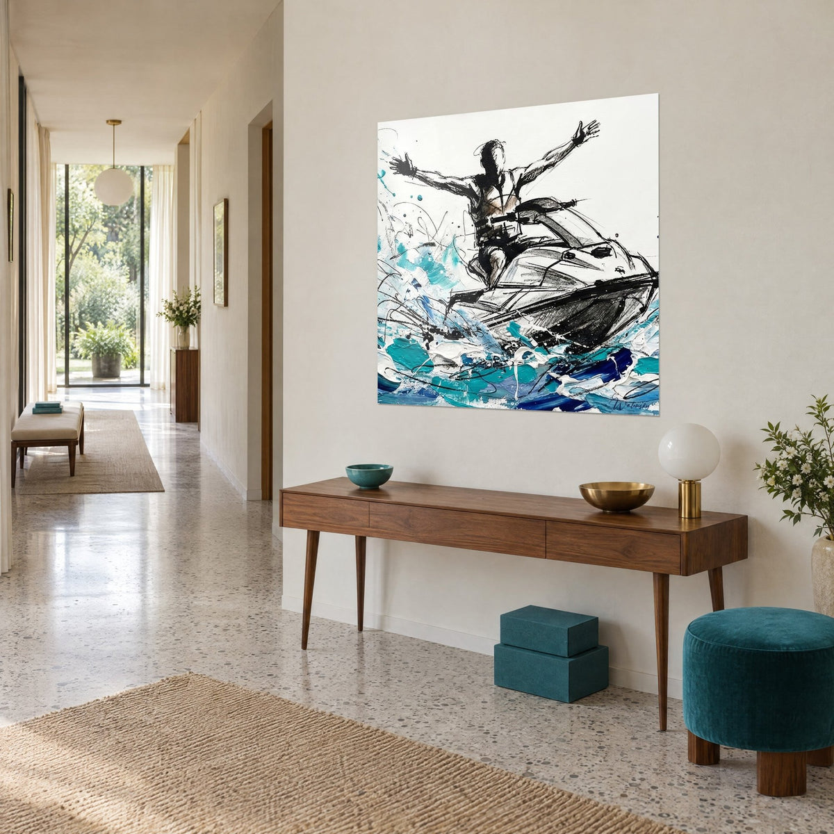 Tableau scooter des mers dressé sur les vagues, traits de fusain noir, écume blanche et touches turquoise, en vue de trois-quarts dans un couloir