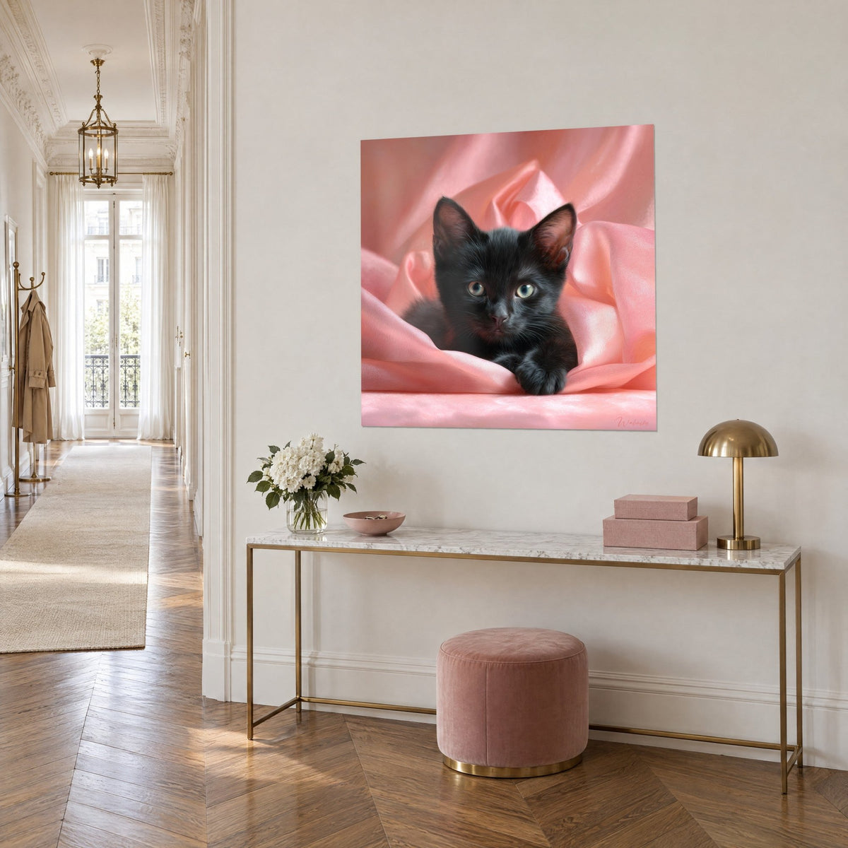 Wall art small ebony cat with upright ears on powdered pink silk, three-quarter view above a gilded console