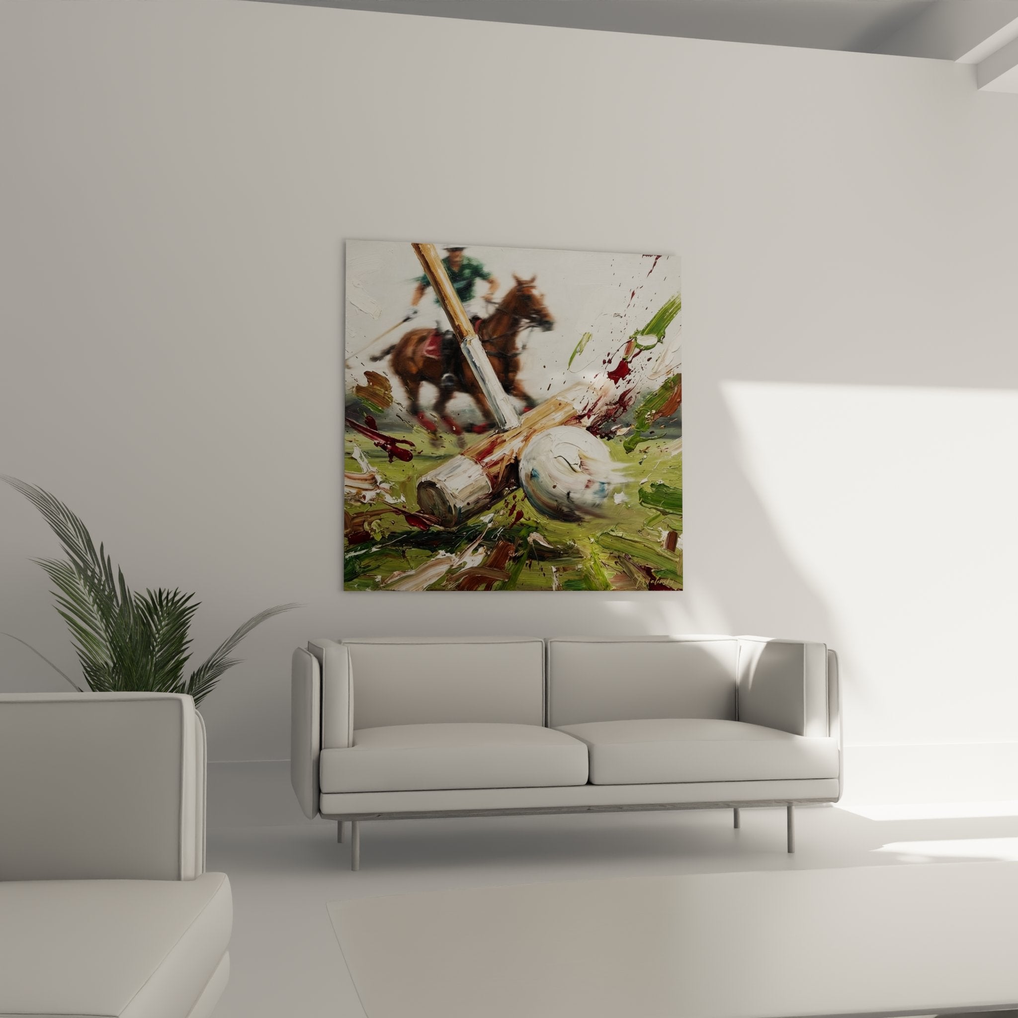 Detail painting of polo player showing brushstroke textures and earth and field green color palette