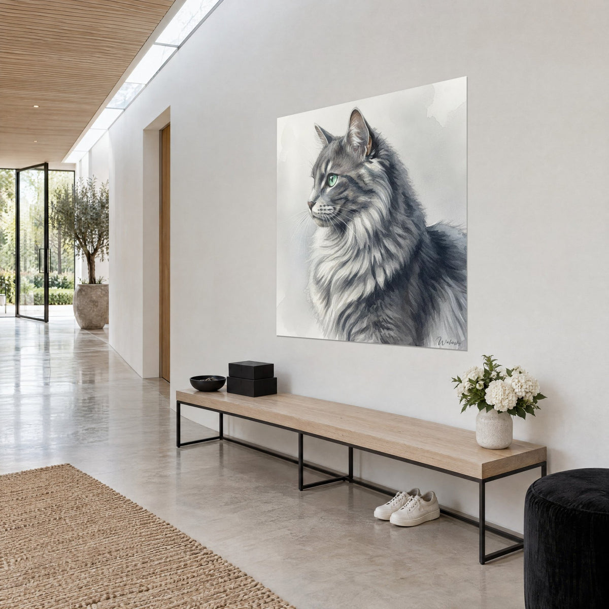 Wall art nebelung feline in profile with smoky fur, white whiskers, pearl grey background, hanging in a bright hallway