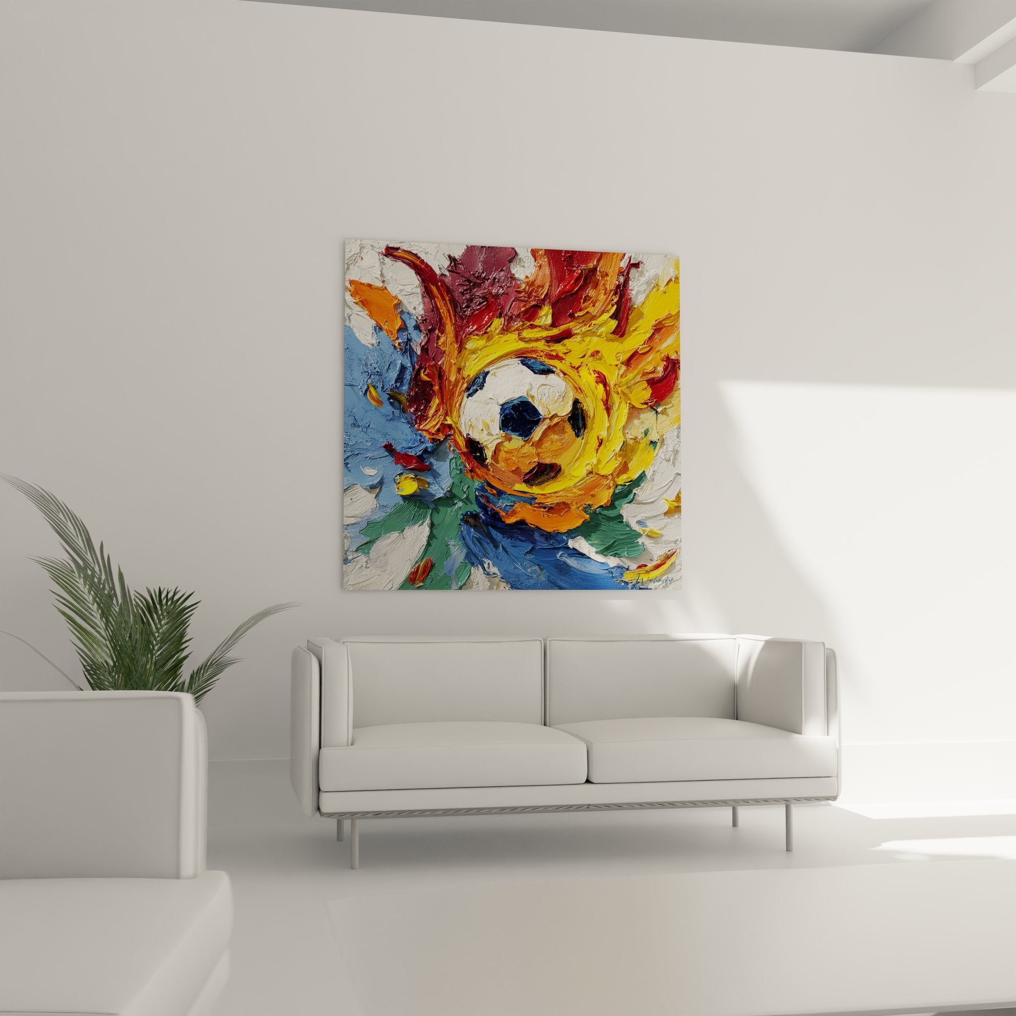 Detail texture peinture ballon football flammes montrant technique impasto et couleurs vives