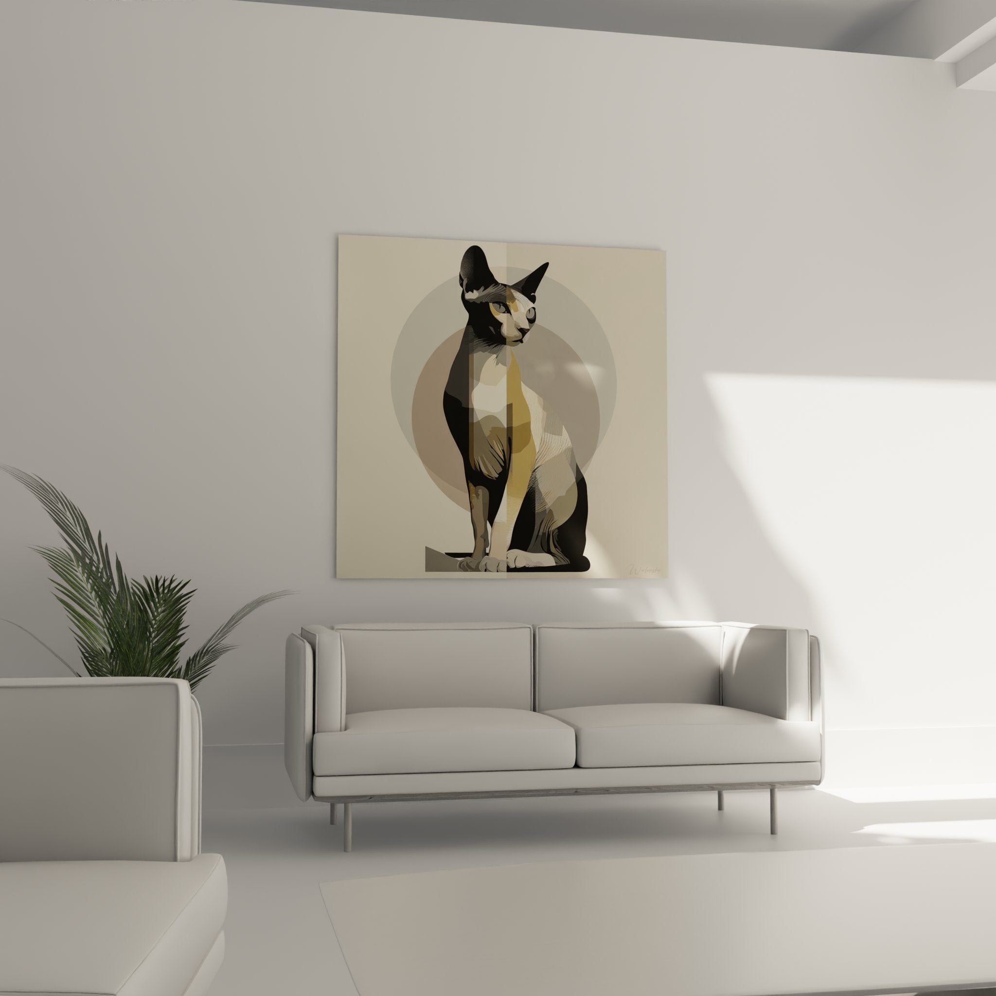 Dettaglio del quadro gatto Sphynx che mostra la tecnica geometrica e le sfumature di colore sottili