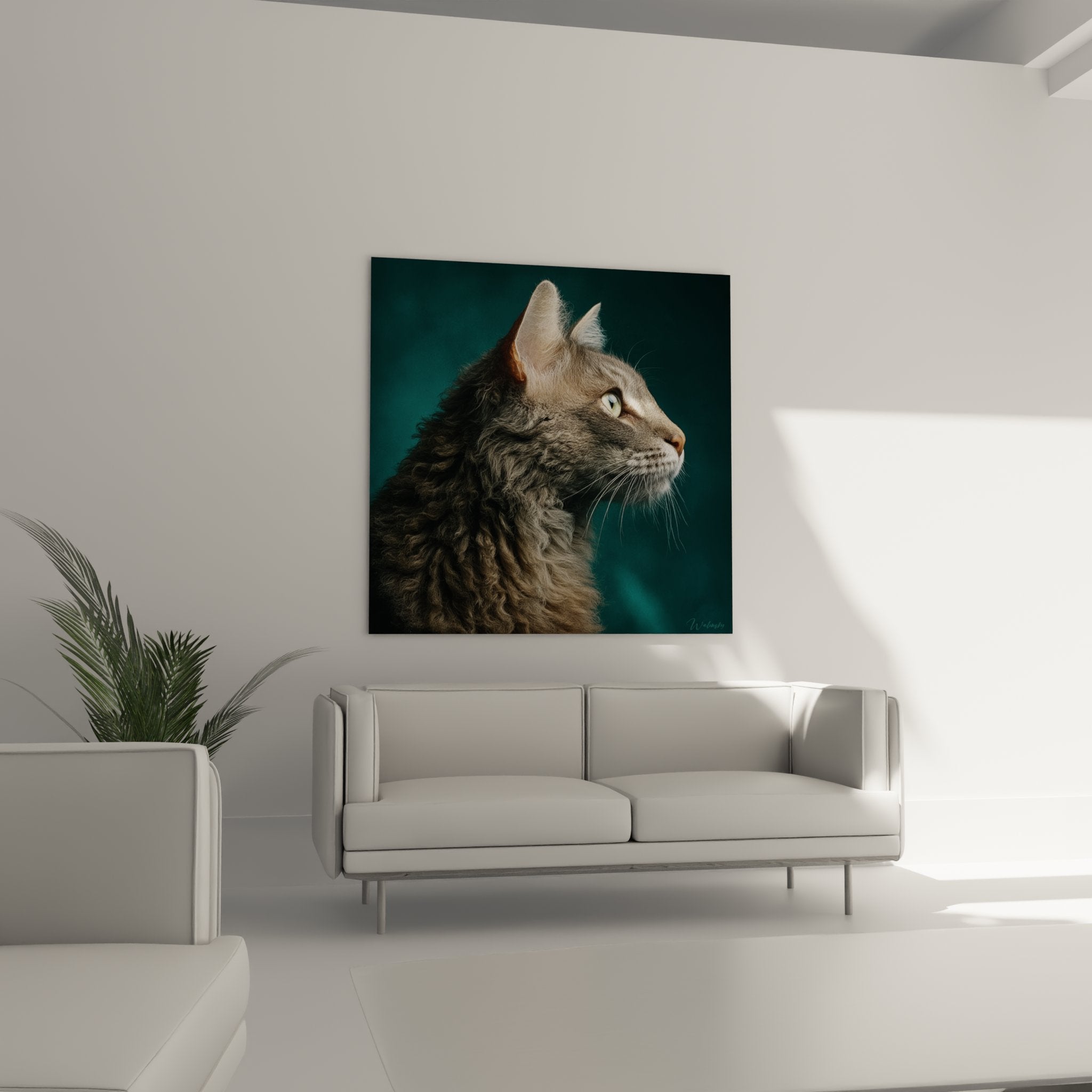 Primo piano sui dettagli del mantello riccio e gli occhi verdi espressivi del gatto LaPerm nel quadro