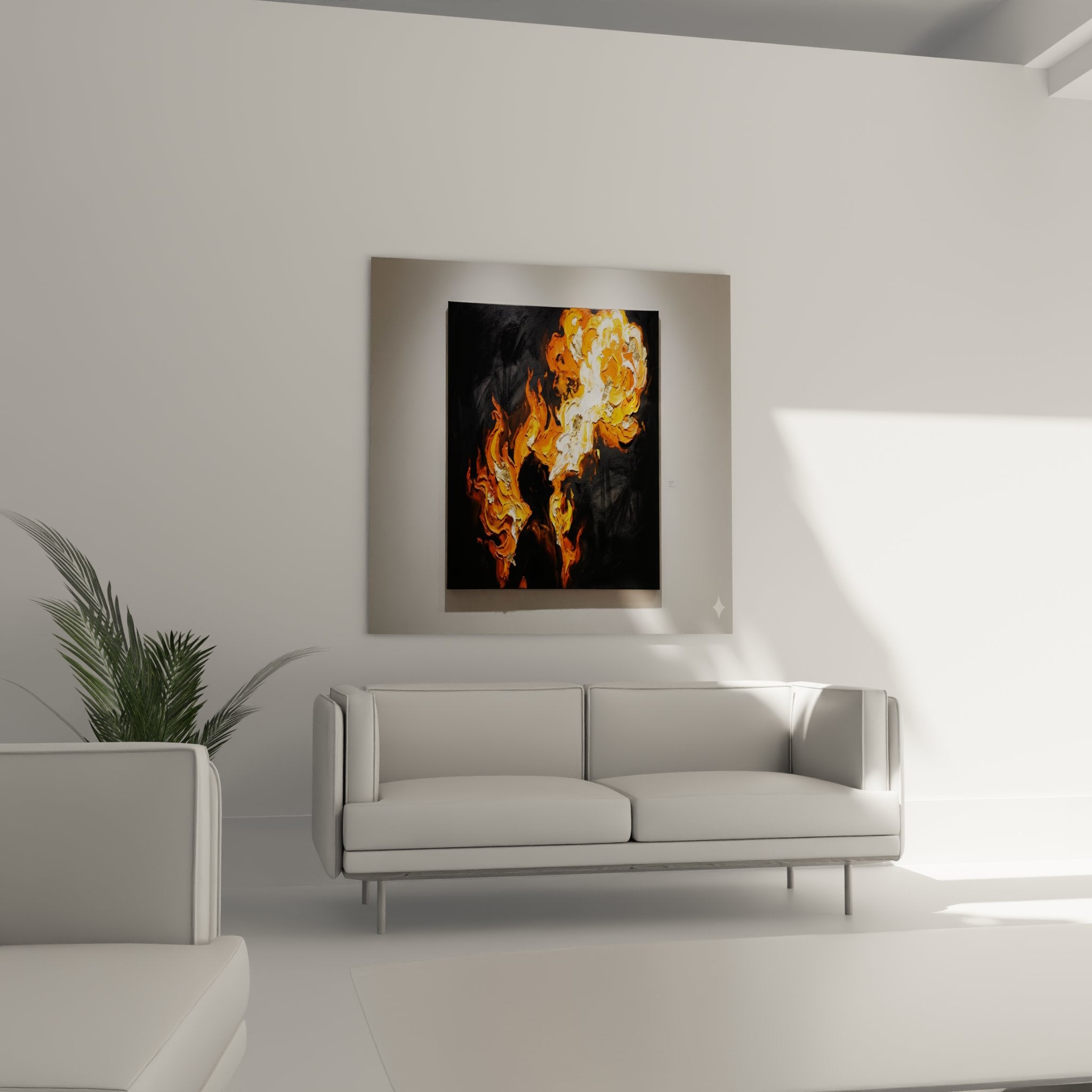 Detail texture empâtements peinture flammes abstraites orange rouge blanc, technique picturale moderne