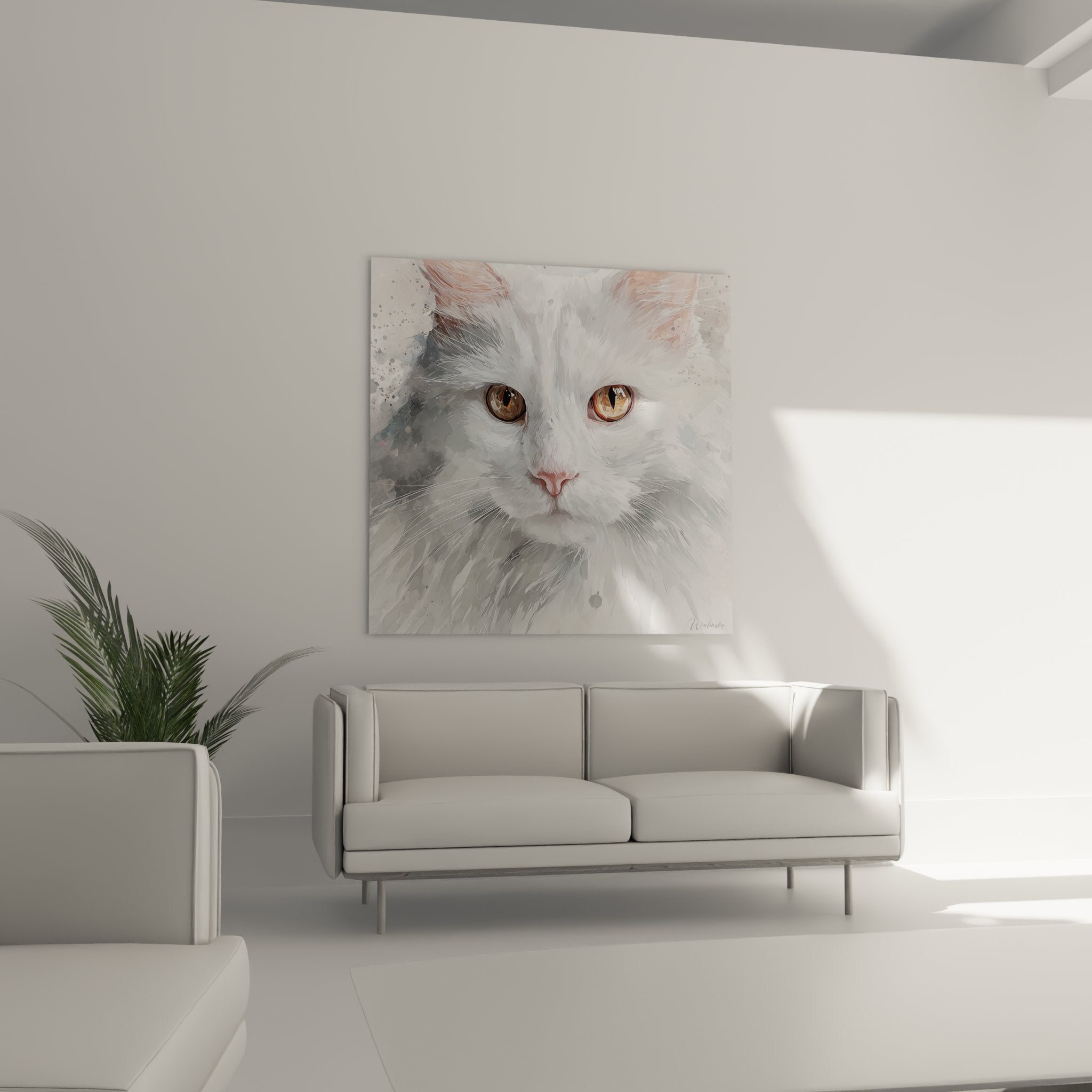 Dettaglio occhi color ambra gatto Turkish Angora bianco, primo piano ritratto artistico pittura felina