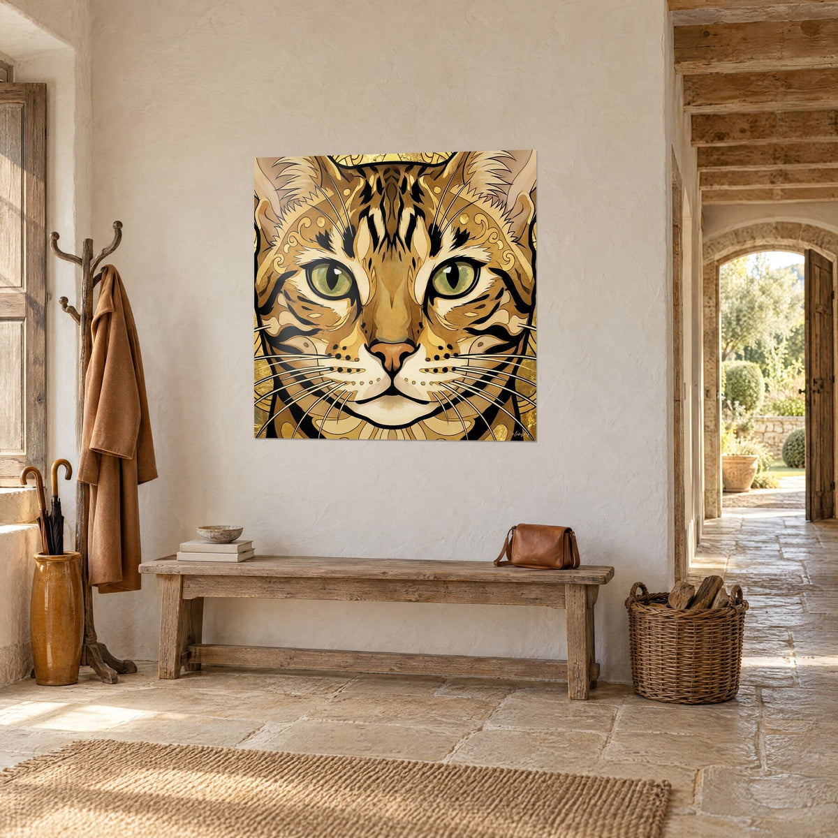 Quadro ritratto di gatto tigrato dagli occhi verdi, pelo miele e nero, visto di tre quarti in un ingresso in pietra