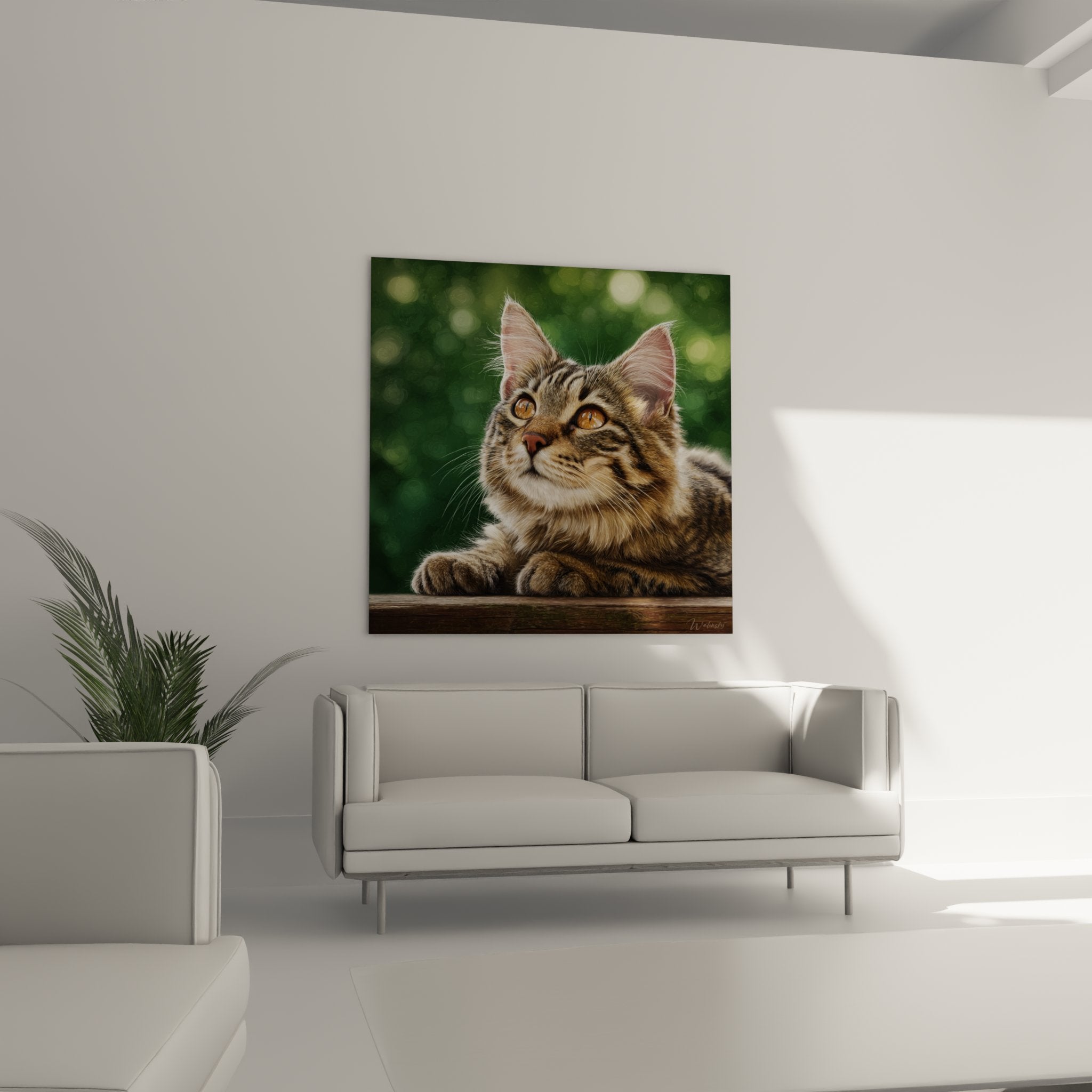 Gros plan sur tableau chaton American Bobtail montrant détails pelage tabby et yeux expressifs