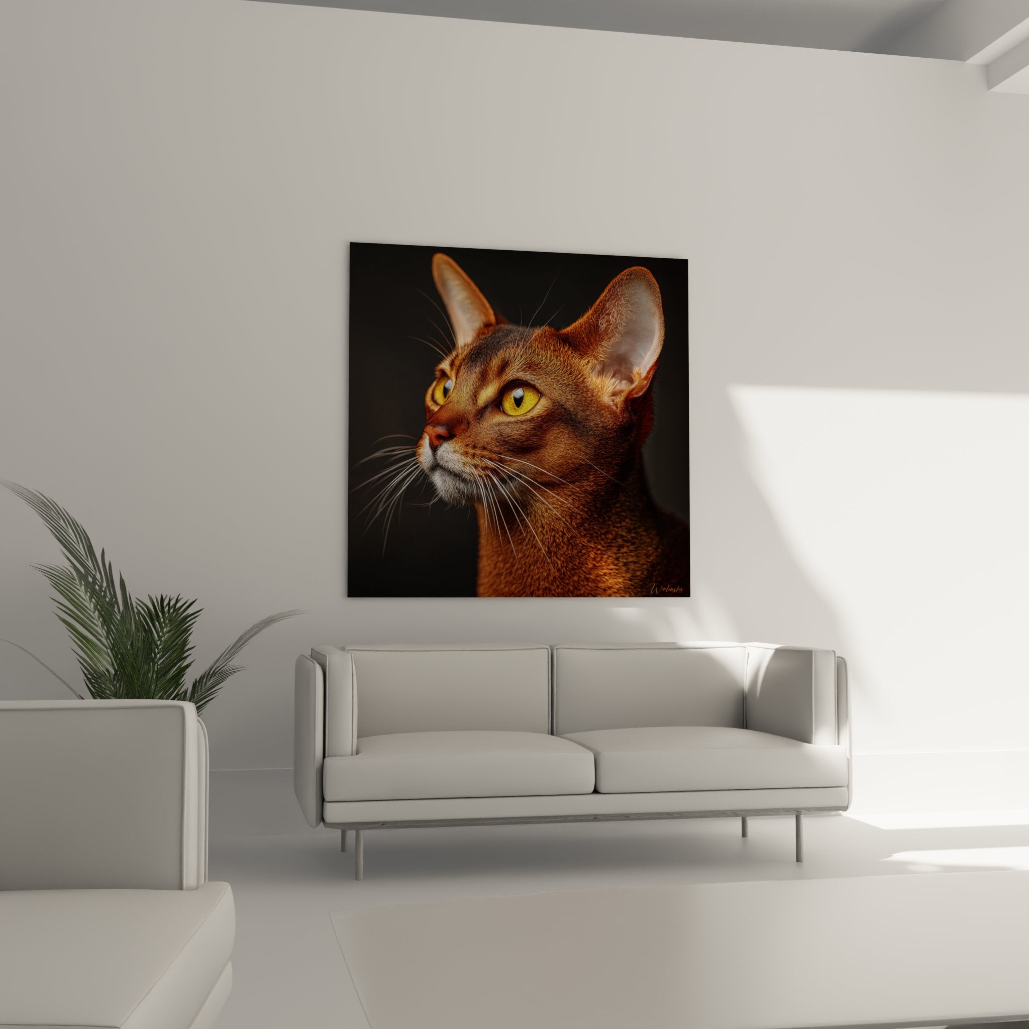Primo piano dettagliato occhi dorati gatto Abissino, texture mantello rosso, qualità stampa alta definizione quadro