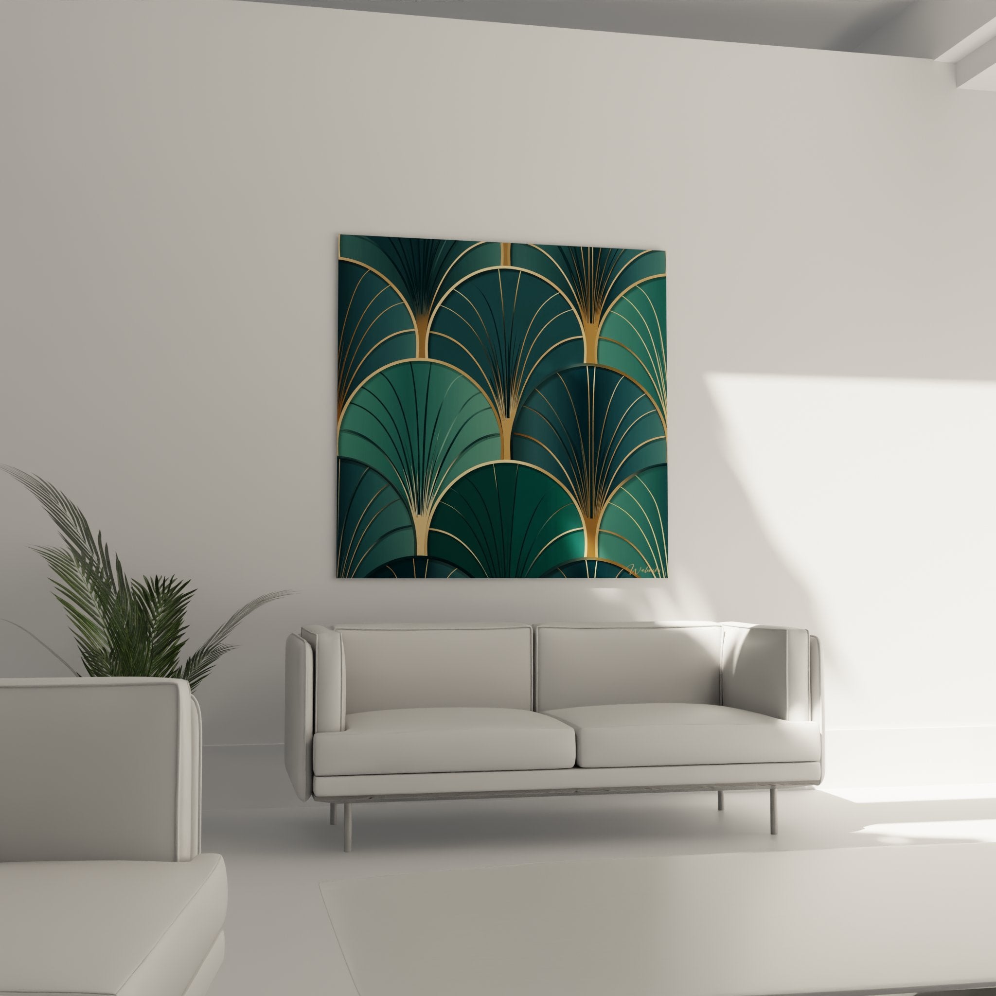 Détail des motifs géométriques art déco, lignes dorées délicates sur fond vert émeraude dégradé