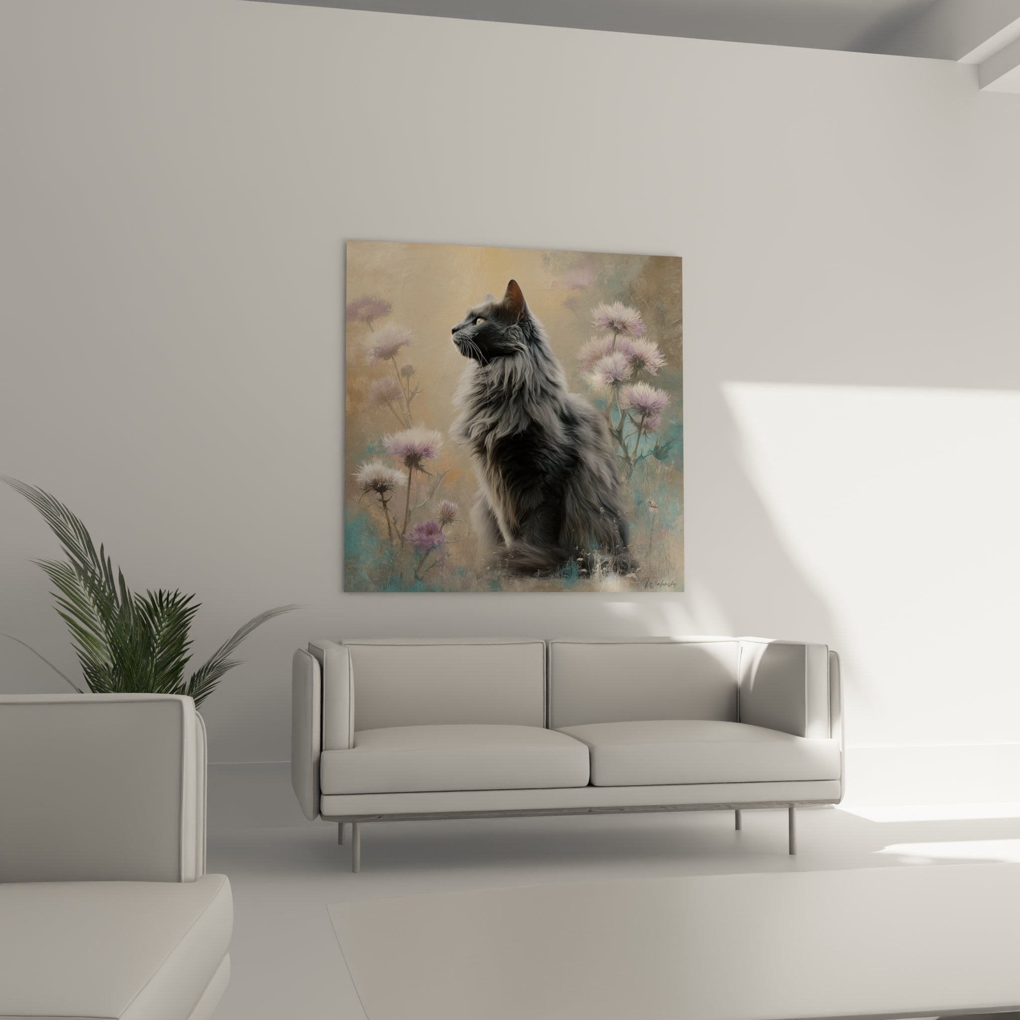 Dettaglio del morbido mantello di un gatto Turkish Angora dipinto realisticamente con cardi sullo sfondo