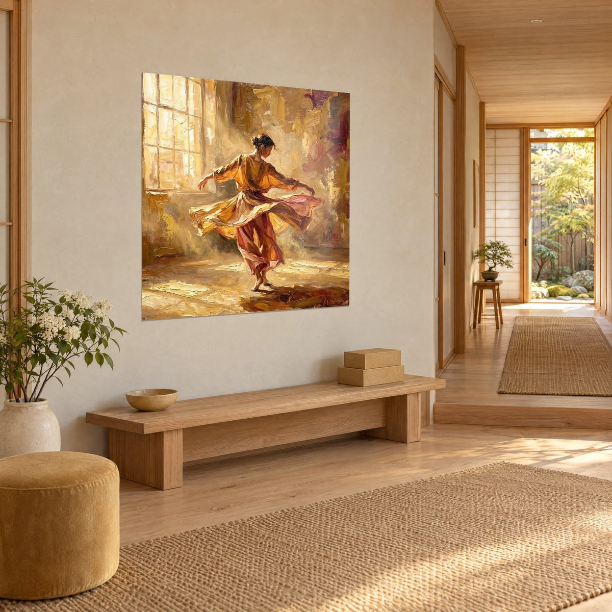 Cuadro gitana giratoria con faldas naranjas y rosas, empastes de pintura dorada, vista de tres cuartos en un recibidor japandi