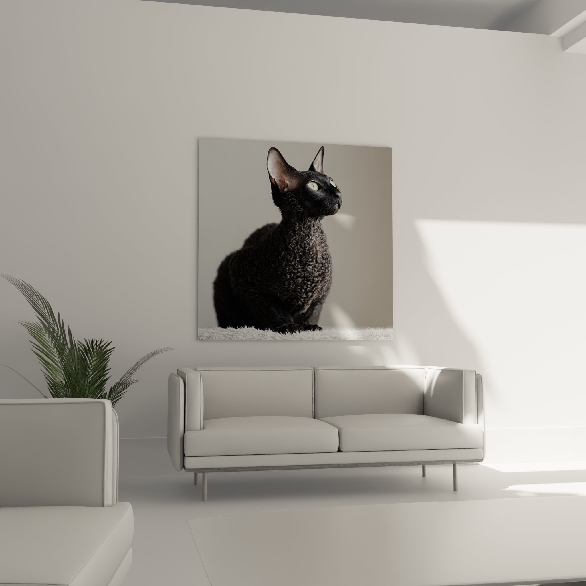 Dettaglio ritratto gatto Cornish Rex nero, occhi verdi penetranti, texture pelo riccio unica