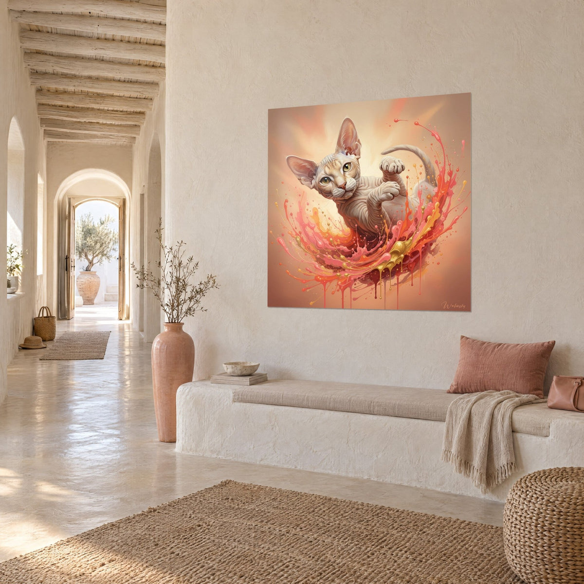 Gemälde einer haarlosen Katze in einem Wirbel aus korallenroter und goldener Farbe, an der Wand eines gewölbten Flurs aus hellem Stein
