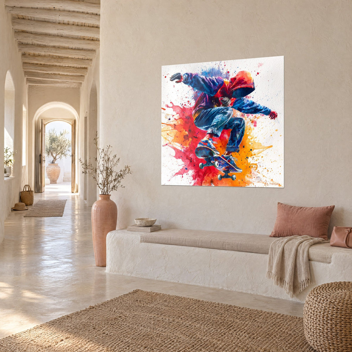 Tableau planchiste suspendu en l'air, jean bleu retroussé, gerbe rose et orangée, mur crépi beige d'une maison méditerranéenne
