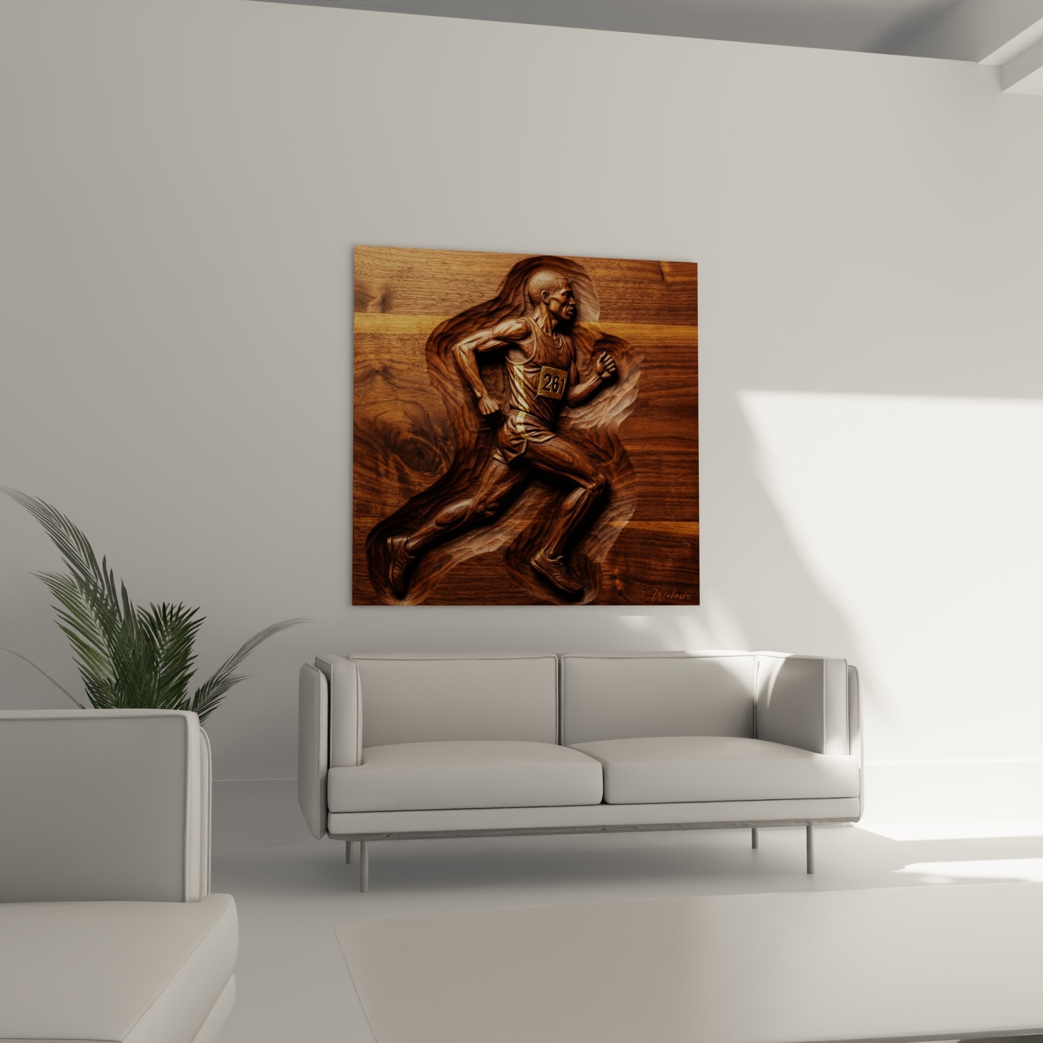 Dettaglio scultura in rilievo corridore atletica, finitura legno artigianale con effetti ombre e luci dinamiche