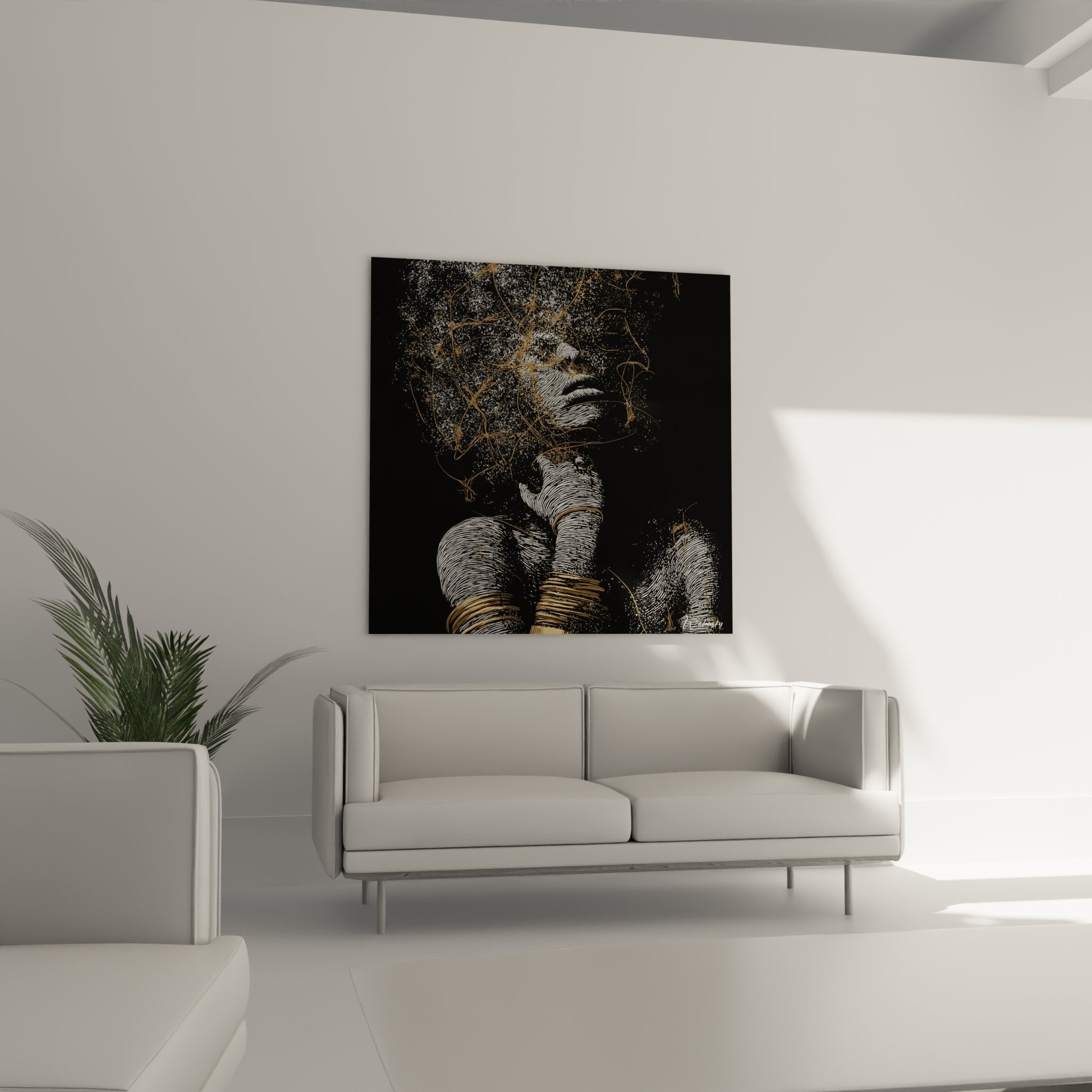 Dettaglio ravvicinato del quadro volto africano che mostra le linee dorate e bianche su fondo nero