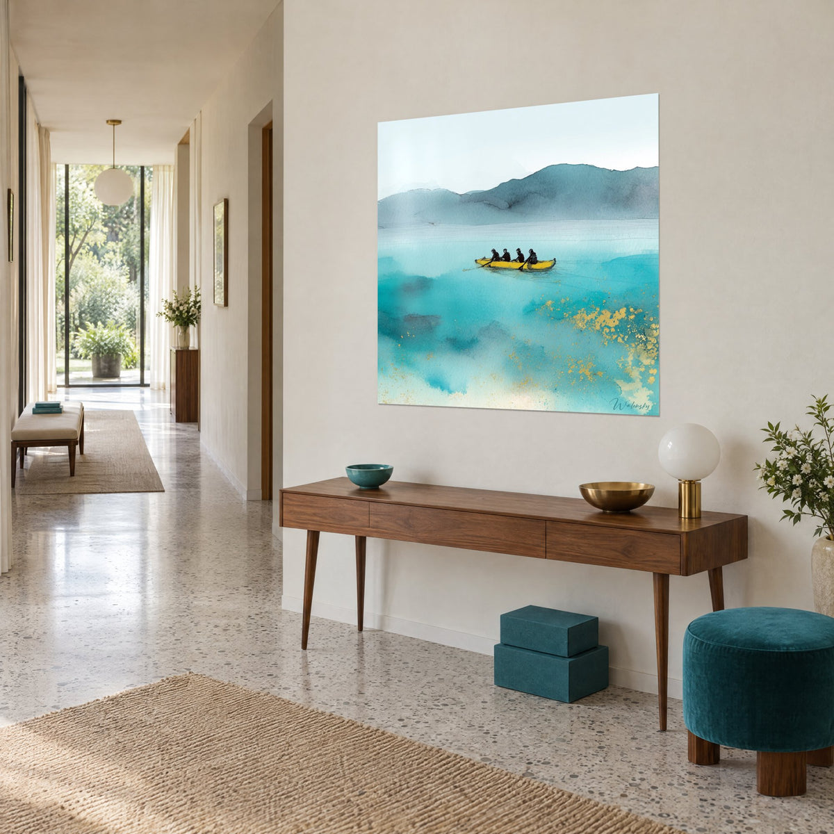 Schilderij van een bemanning van vier roeiers in een gele kano, turquoise water en grijze mist, driekwart zicht op een houten console
