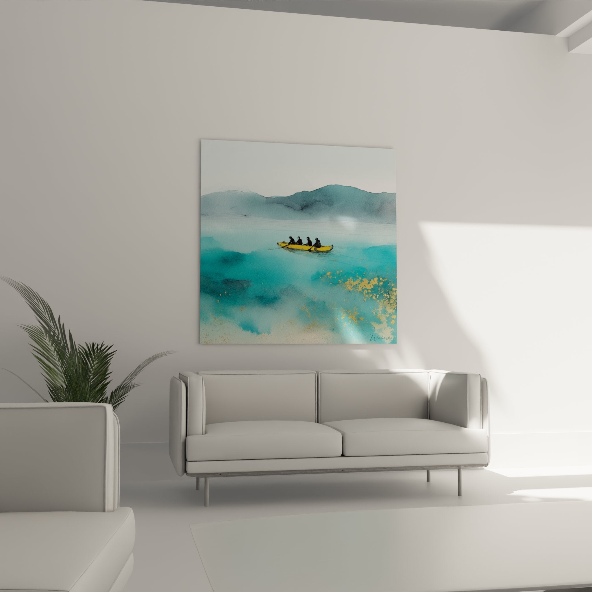 Dettaglio quadro rafting acquerello tocchi dorati acqua cristallina tecnica pittura artistica raffinata