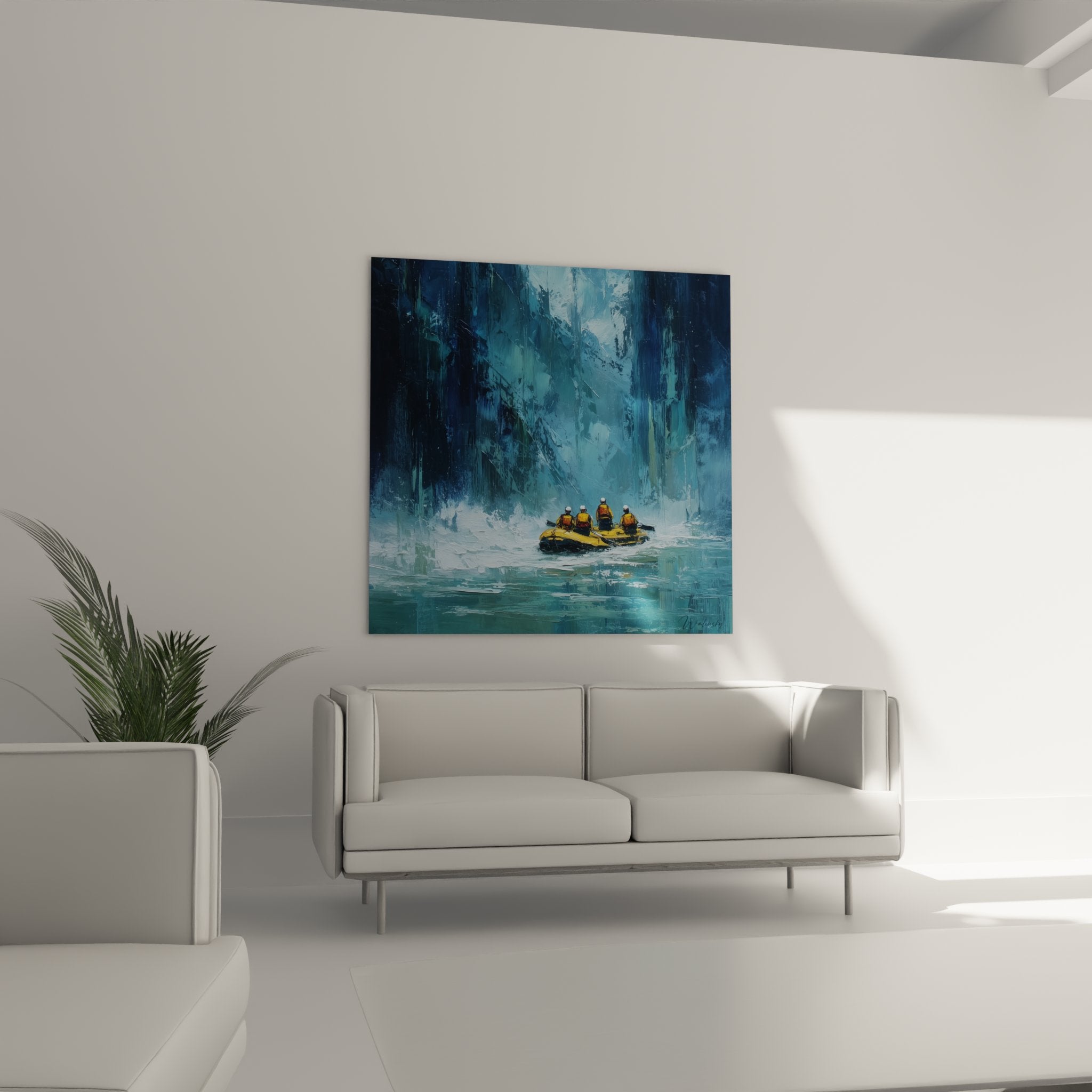 Dettaglio ravvicinato del quadro rafting che mostra la texture della pittura e i raftisti con giubbotti gialli su acque tumultuose del canyon