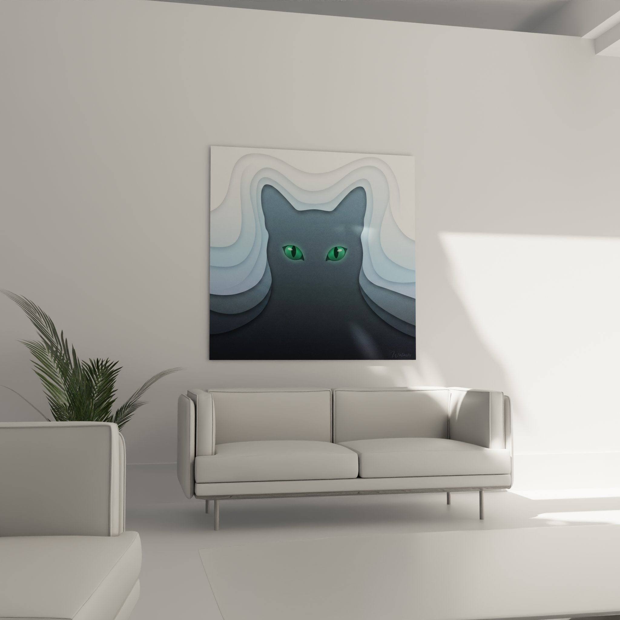 Gros plan tableau chat Russian Blue detail yeux verts emeraude et pelage gris-bleu art contemporain