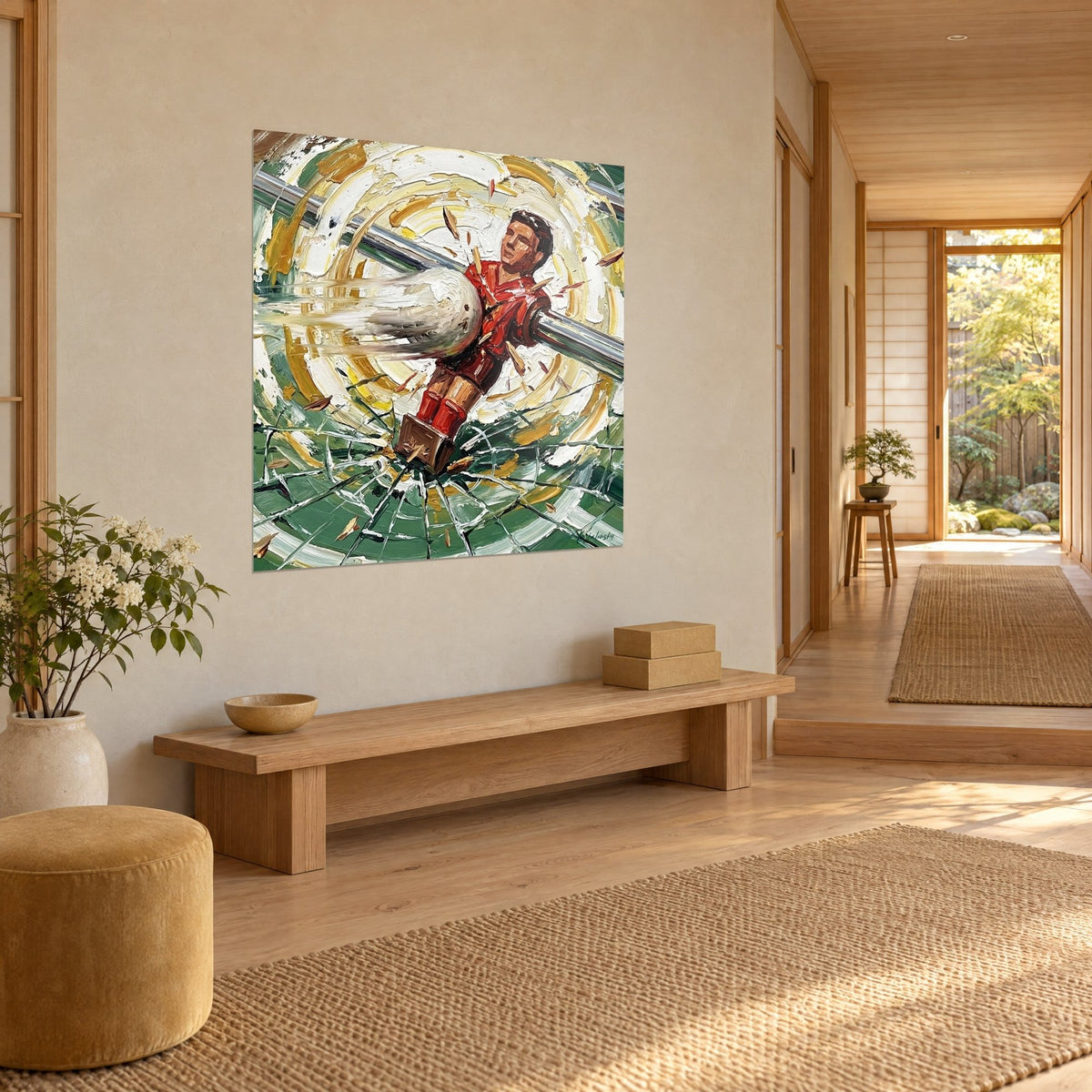 Schilderij van een tafelvoetbalfiguurtje in een scharlakenrood shirt, oker- en witte spiraalvormige impasto, driekwartzicht in een japandi-gang