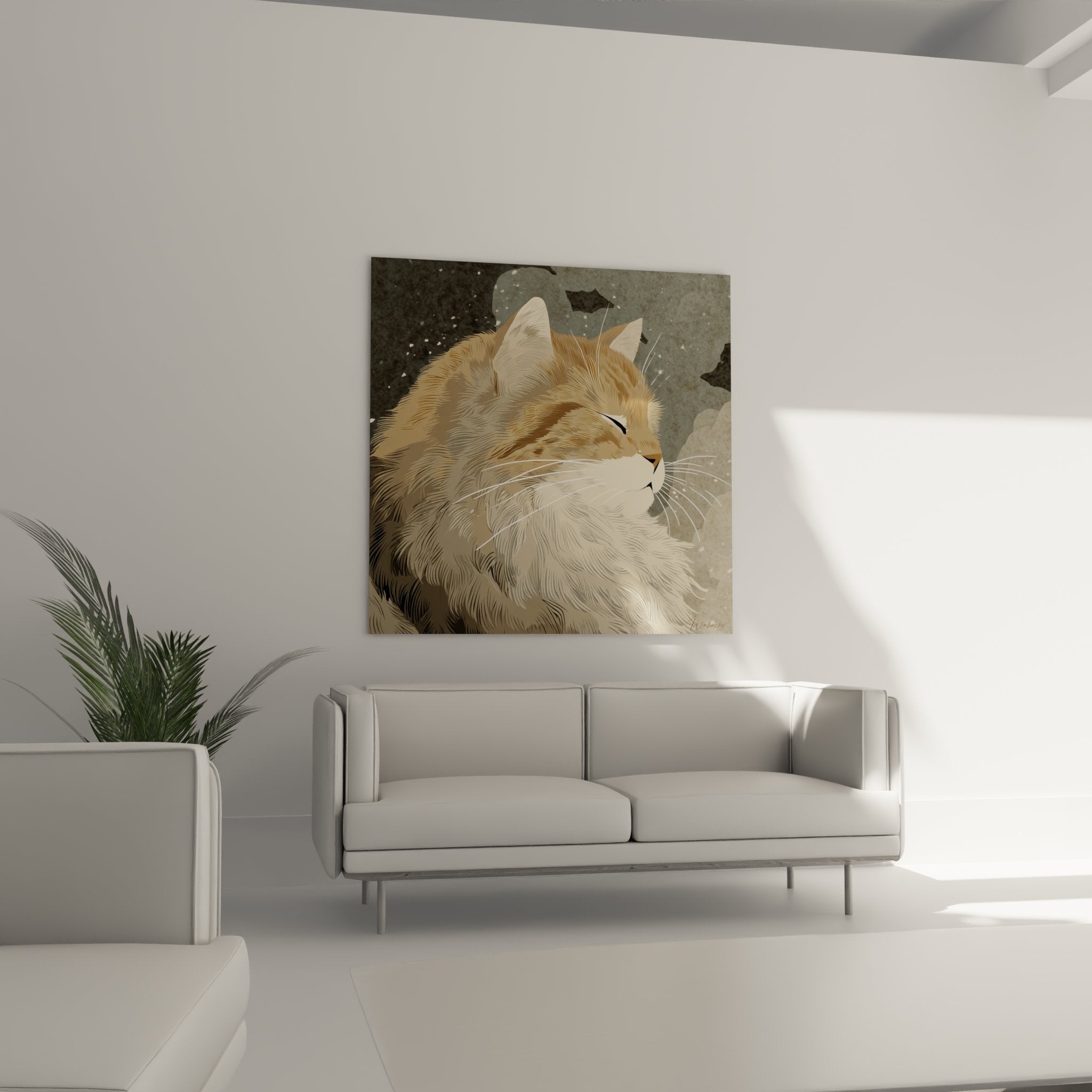 Détail rapproché du tableau montrant la texture réaliste de la fourrure dorée du chat sibérien et ses traits délicats