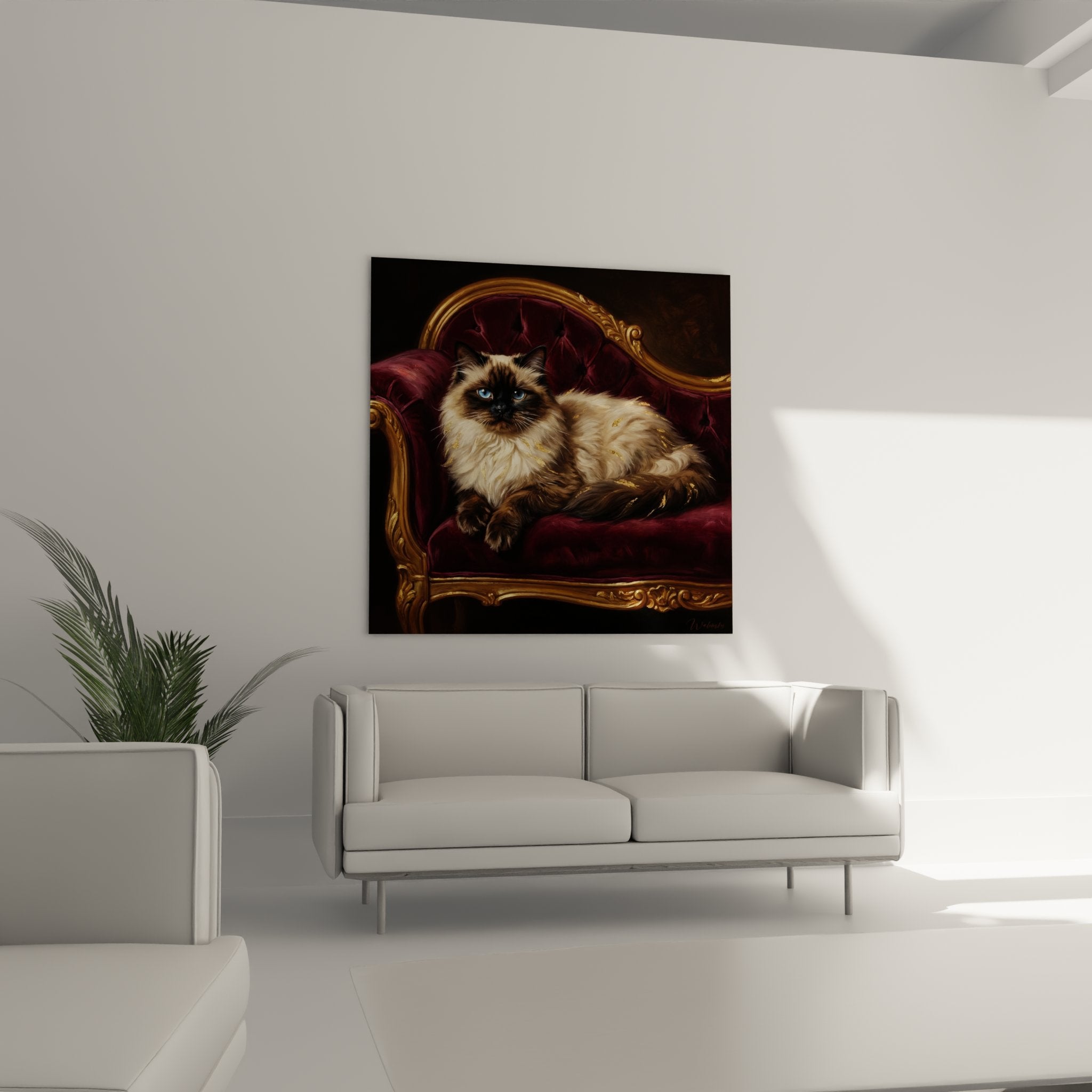Close-up Himalayan cat with piercing blue eyes, cream seal point coat, striking realistic details wall art