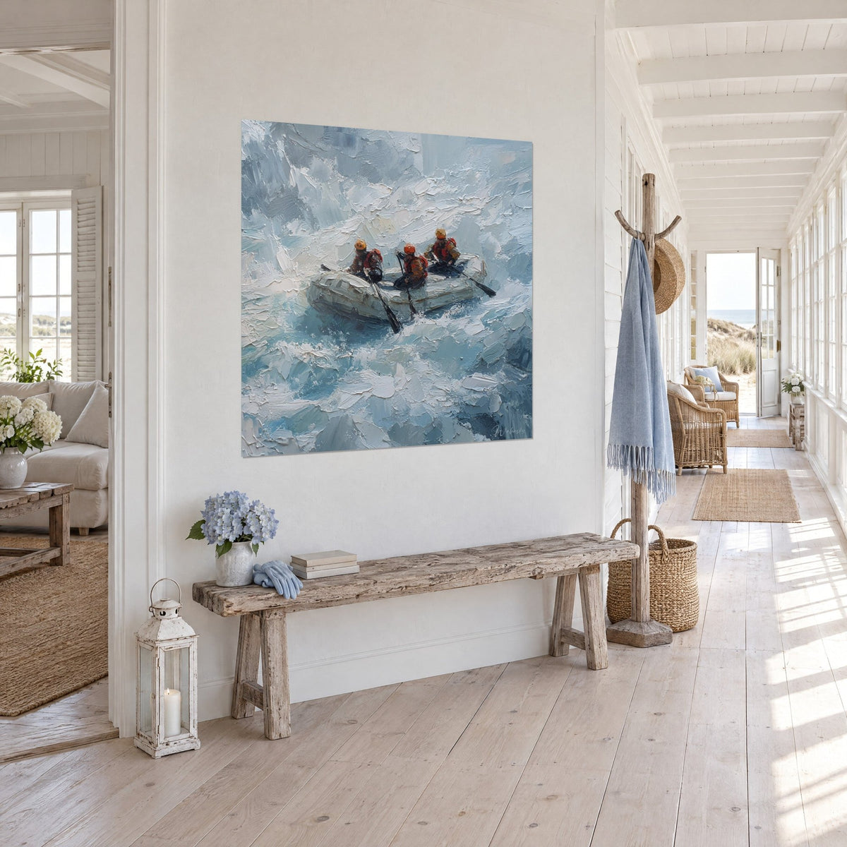 Gemälde Rafting-Team mit orangefarbenen Helmen in den Stromschnellen, Palettenmesser in Graublau und Elfenbein, an der Wand eines Eingangsbereichs am Meer