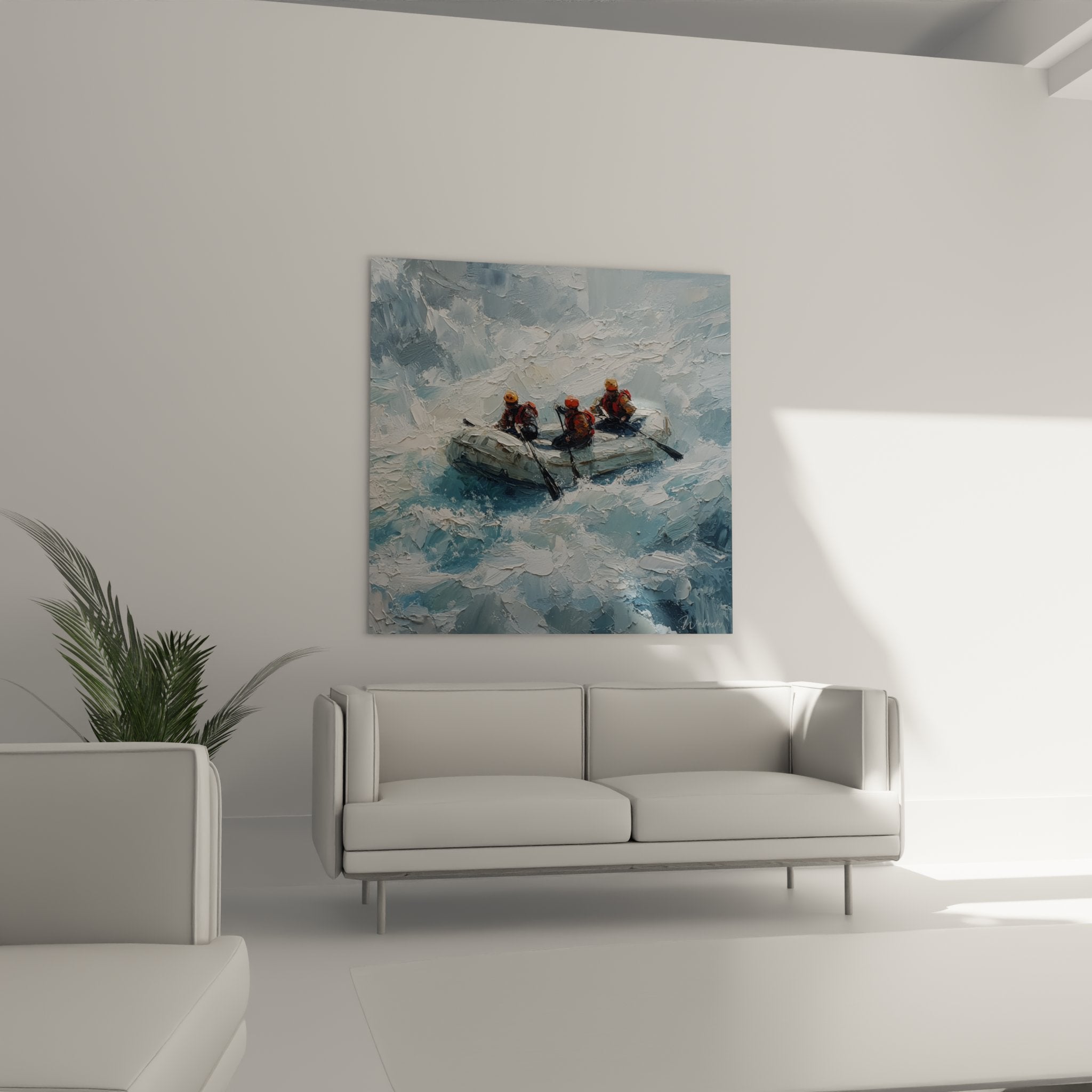 Dettaglio pennello pittura rafting che mostra texture impasto e tecnica artistica acque bianche